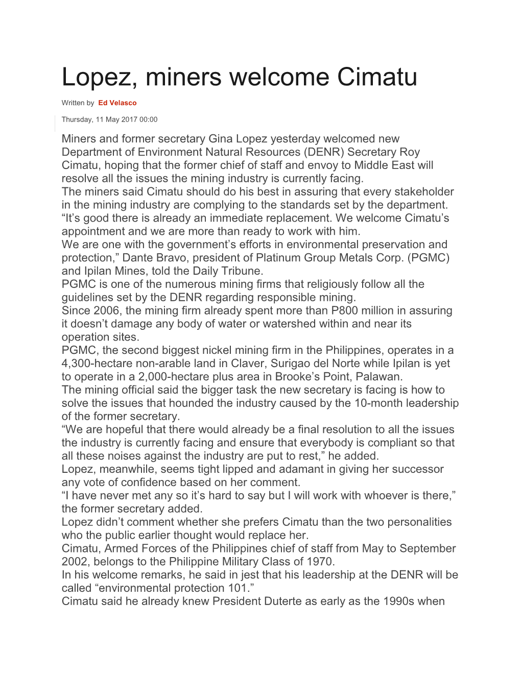 Lopez, Miners Welcome Cimatu