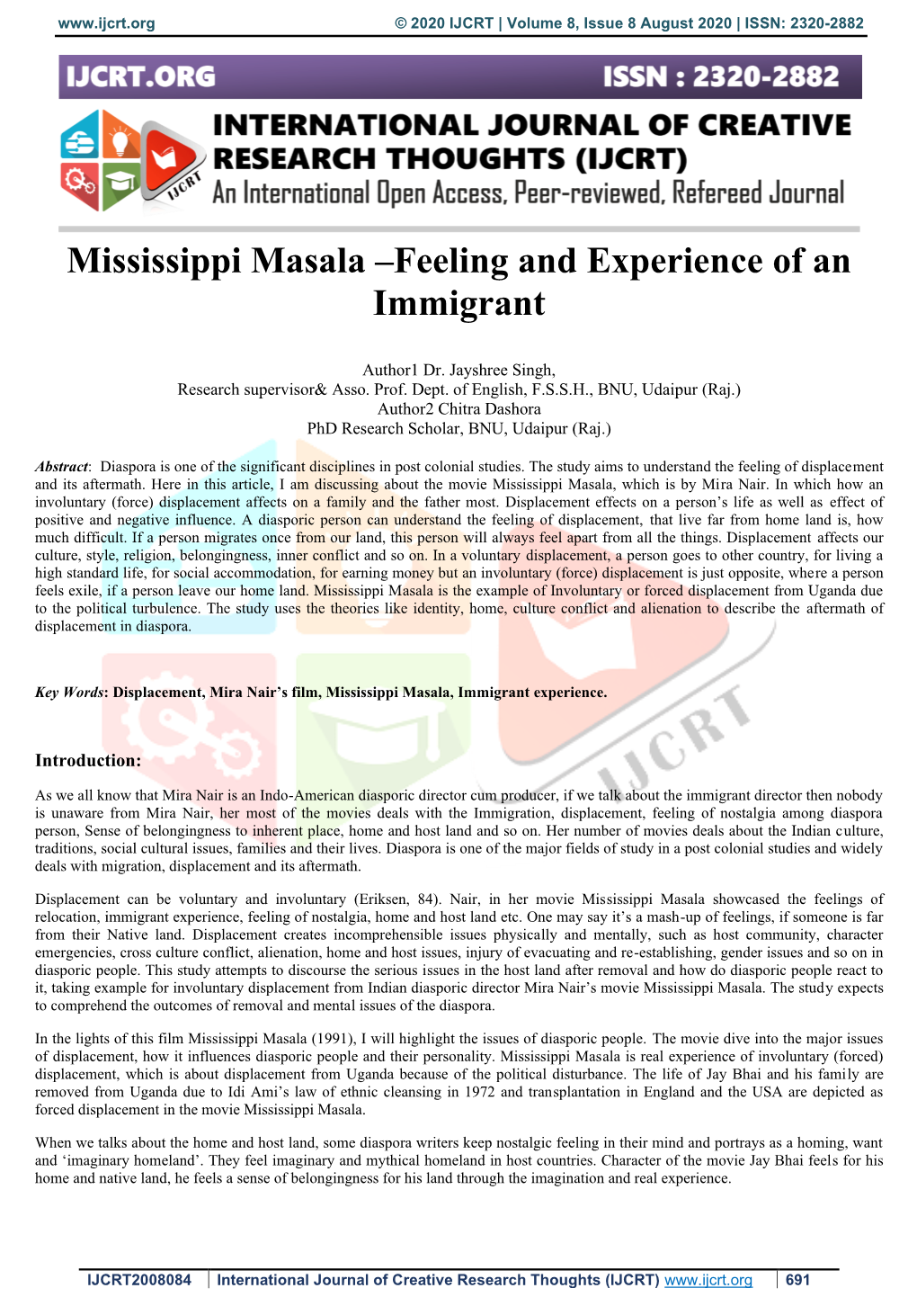 Mississippi Masala –Feeling and Experience of an Immigrant