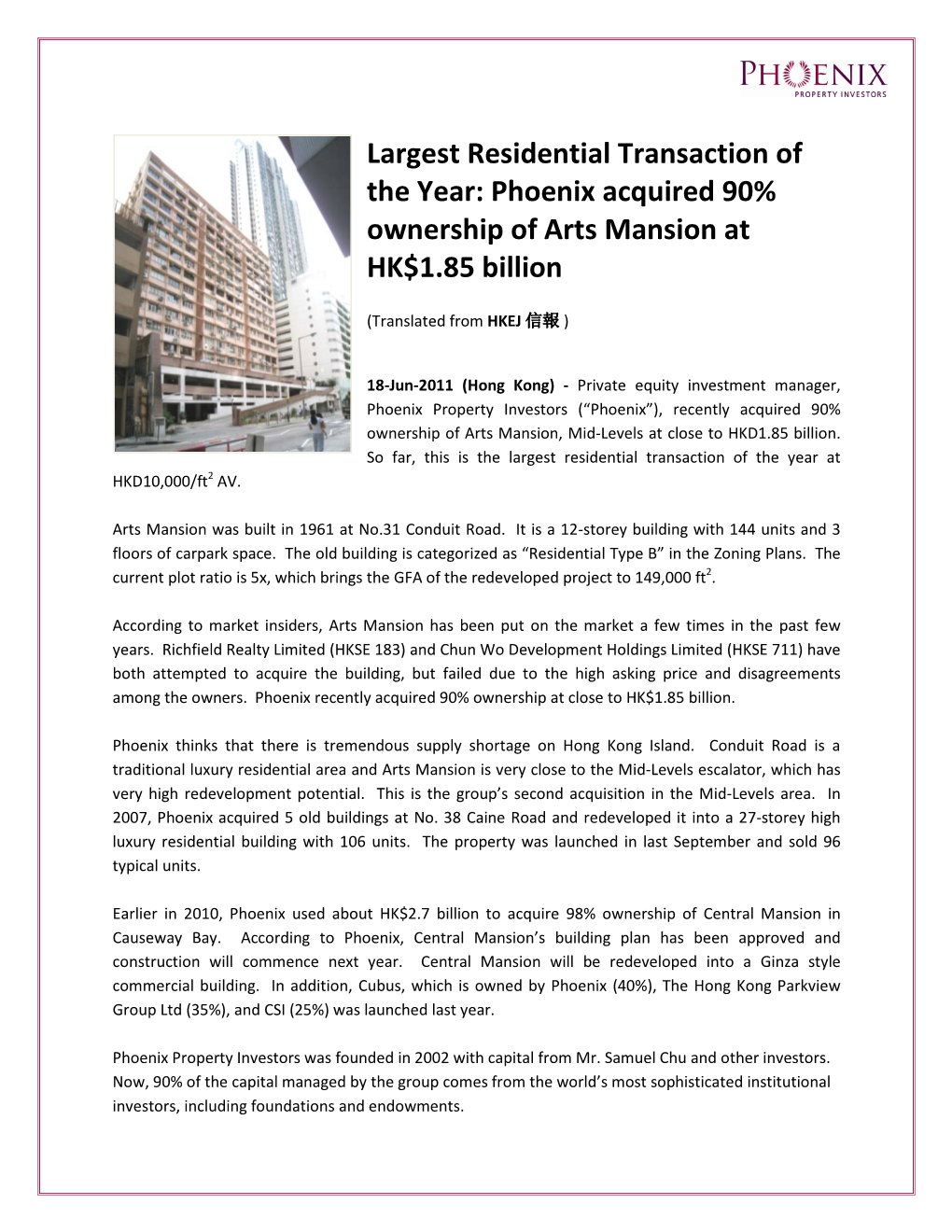18 Jun 2011 HKEJ – Largest Residential Transaction of the Year