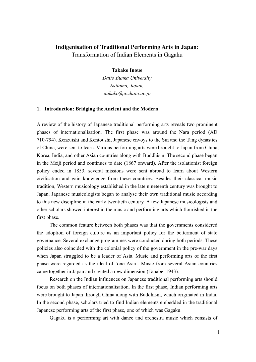 Indigenisation of Traditional Performing Arts in Japan: Transformation of Indian Elements in Gagaku