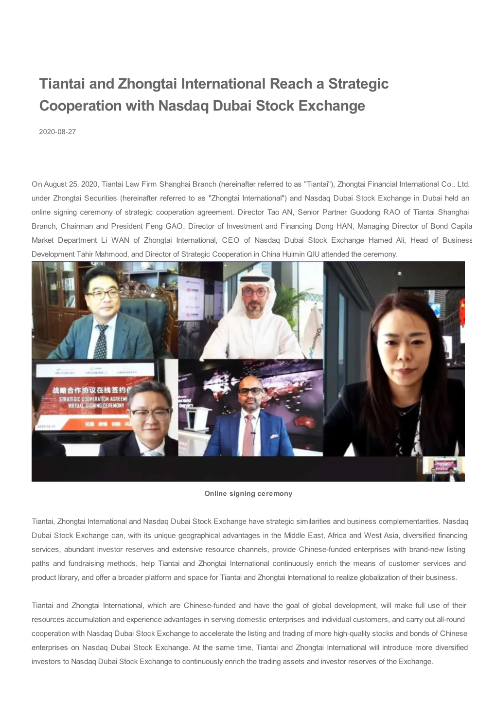 Tiantai and Zhongtai International Reach a Strategic Cooperation with Nasdaq Dubai Stock Exchange