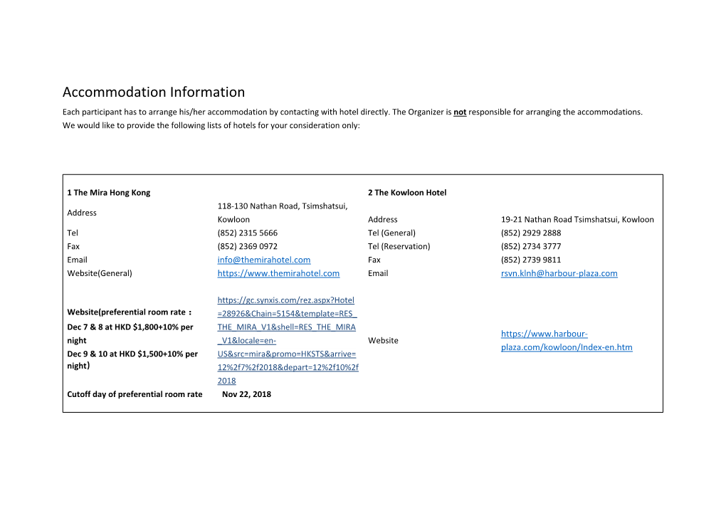 Accommodation Information Each Participant Has to Arrange His/Her Accommodation by Contacting with Hotel Directly