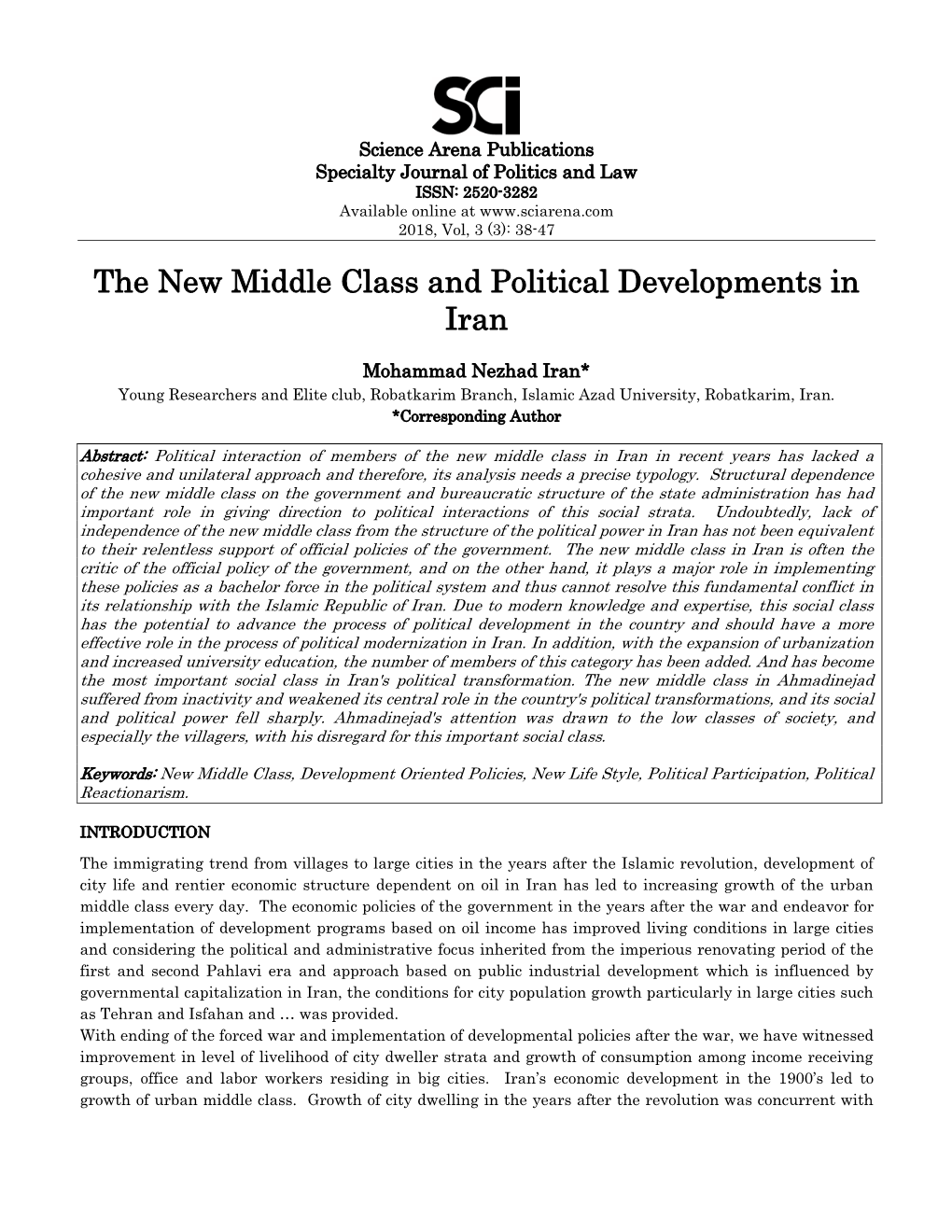 The New Middle Class and Political Developments in Iran
