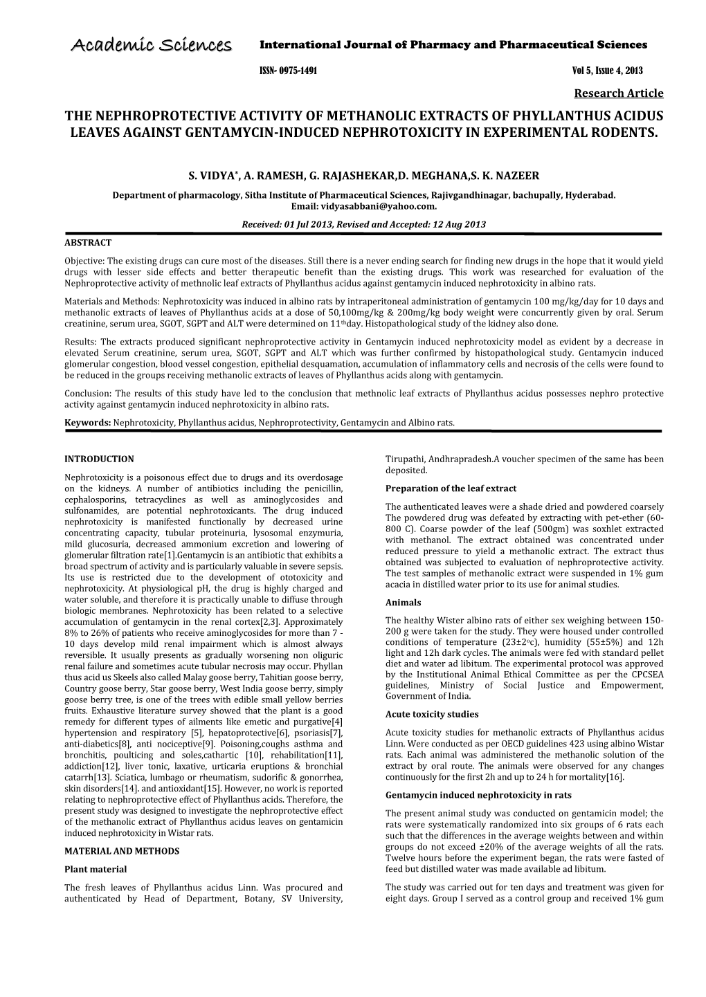 The Nephroprotective Activity of Methanolic Extracts of Phyllanthus Acidus Leaves Against Gentamycin-Induced Nephrotoxicity in Experimental Rodents