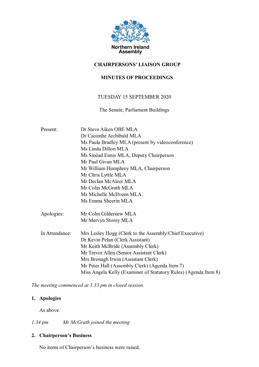Chairpersons' Liaison Group Meeting Minutes of Proceedings 15 September 2020