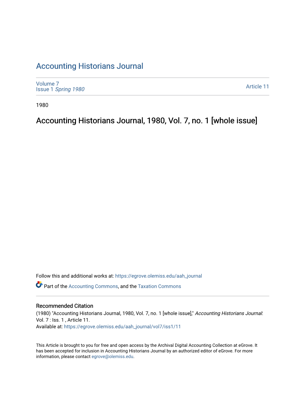 Accounting Historians Journal, 1980, Vol. 7, No. 1 [Whole Issue]
