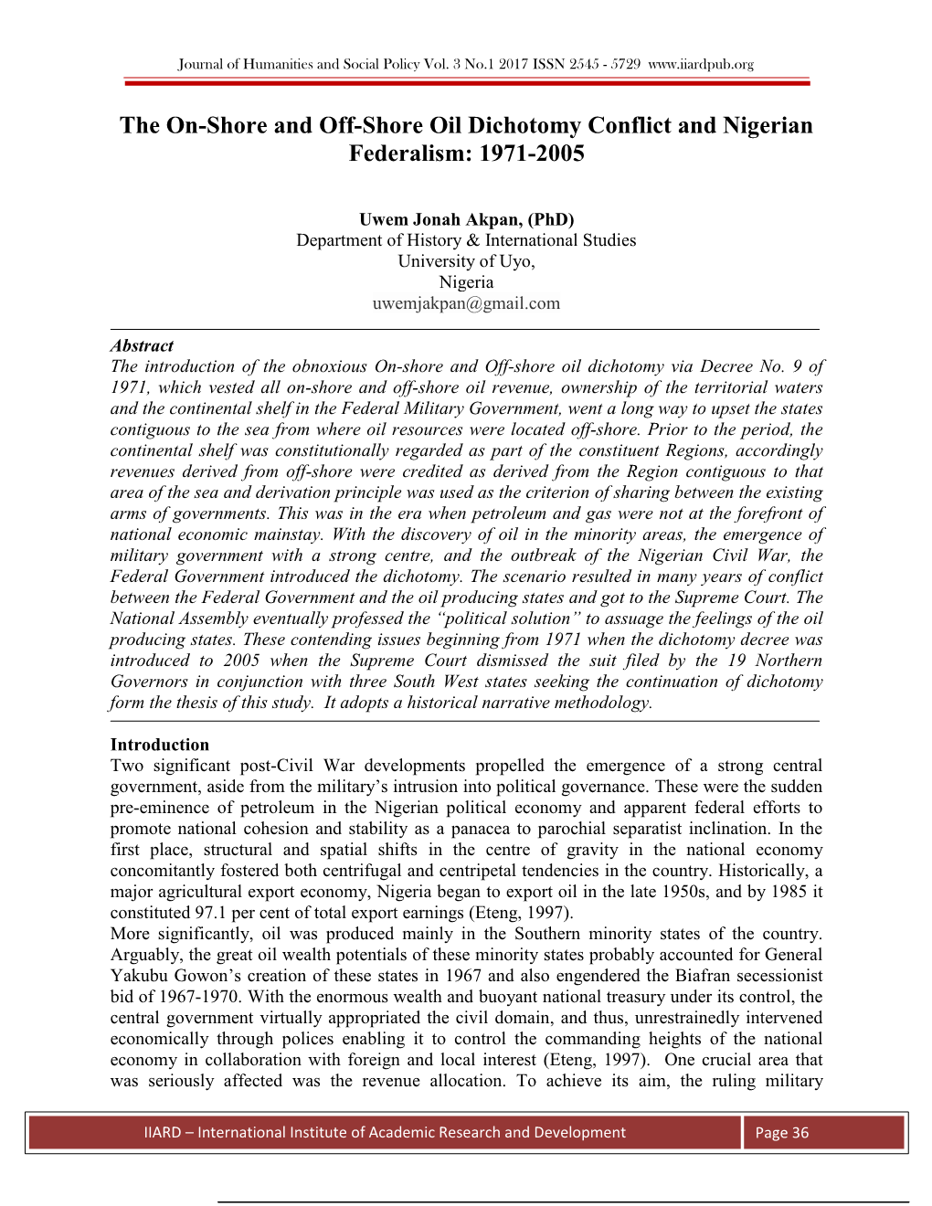 The On-Shore and Off-Shore Oil Dichotomy Conflict and Nigerian Federalism: 1971-2005