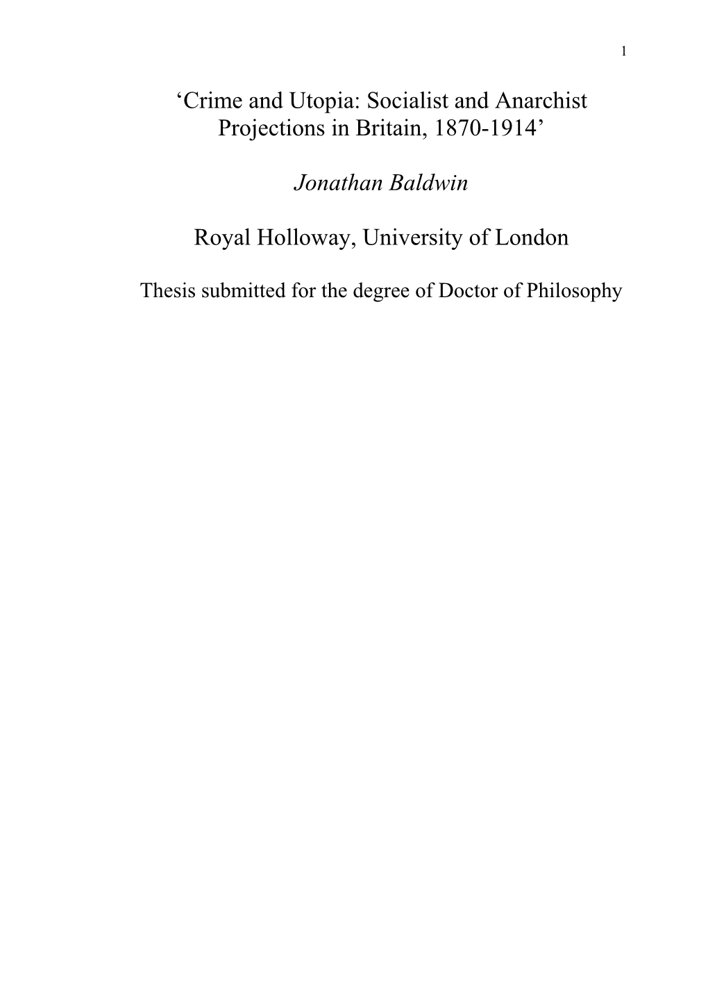 'Crime and Utopia: Socialist and Anarchist Projections in Britain