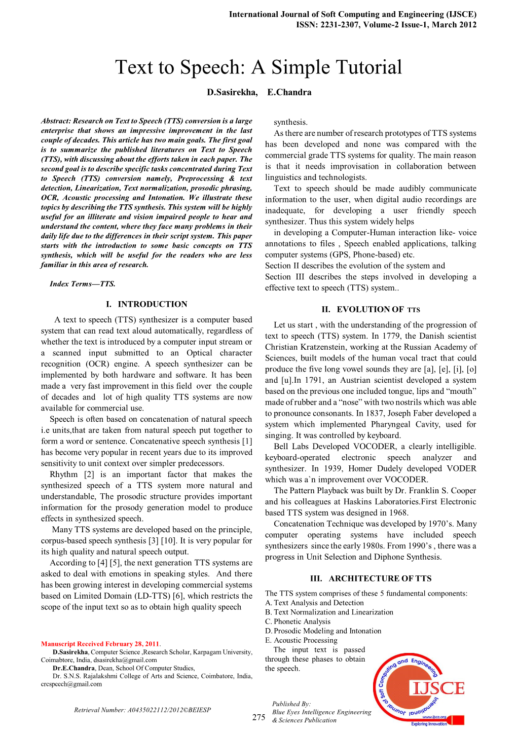 Text to Speech: a Simple Tutorial D.Sasirekha, E.Chandra