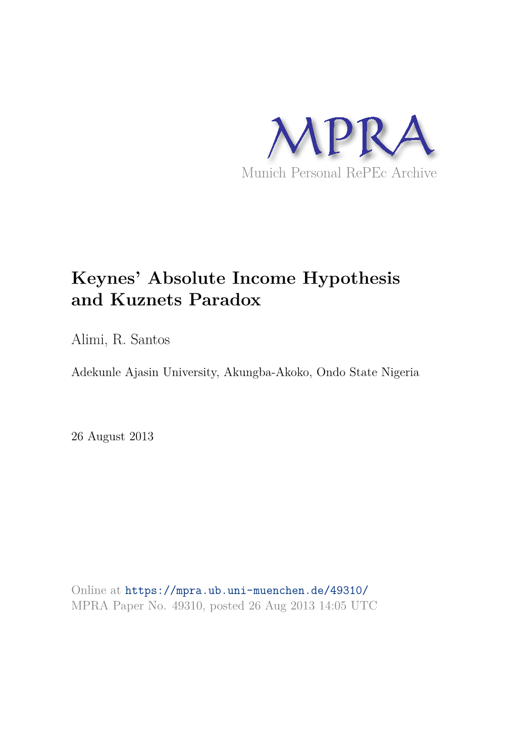 Keynes' Absolute Income Hypothesis and Kuznets Paradox