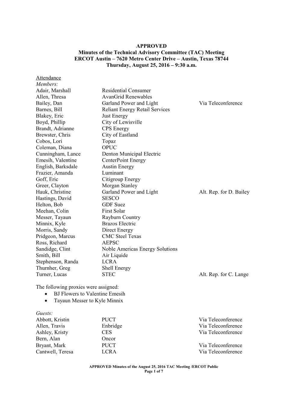 APPROVED Minutes of the August 25, 2016 TAC Meeting /ERCOT Public