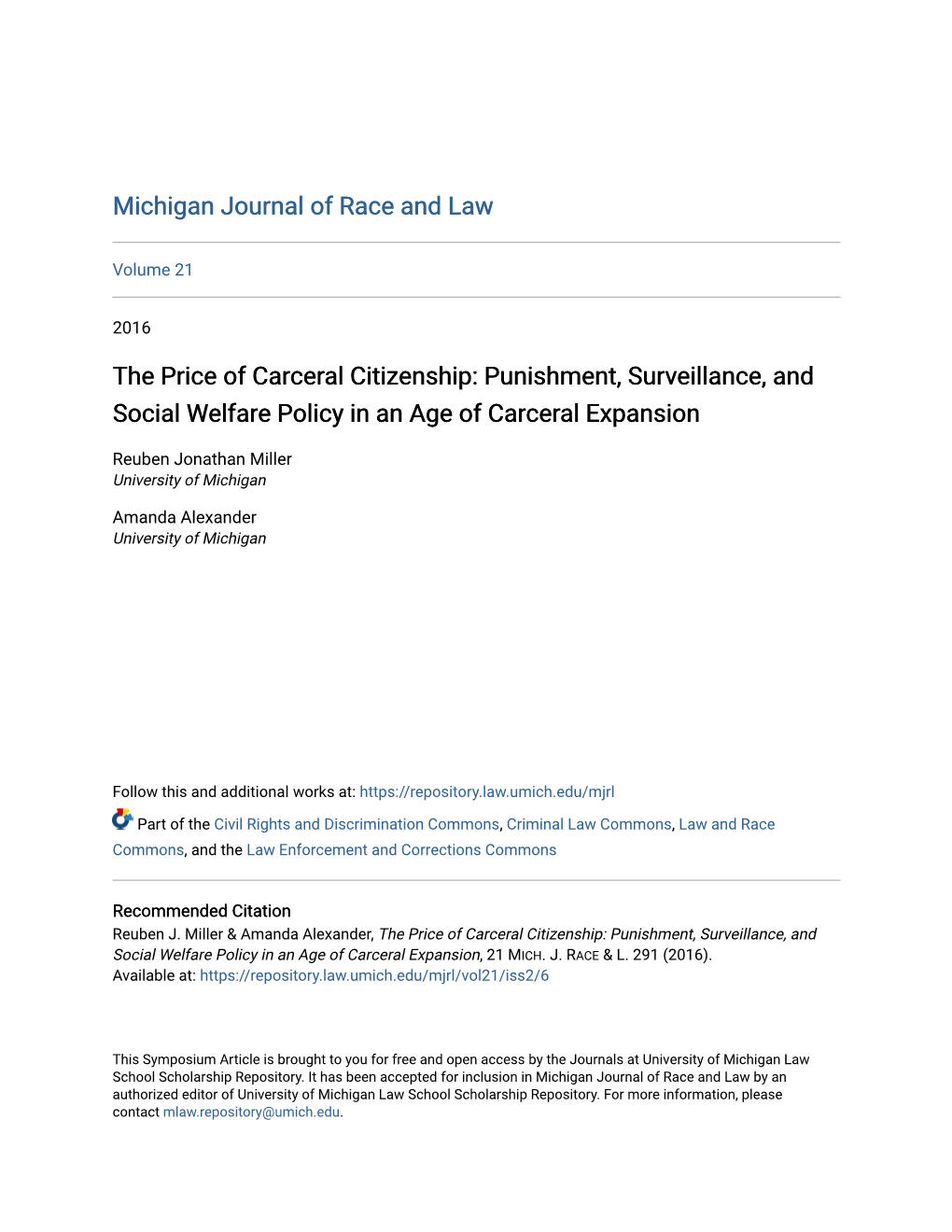 The Price of Carceral Citizenship: Punishment, Surveillance, and Social Welfare Policy in an Age of Carceral Expansion