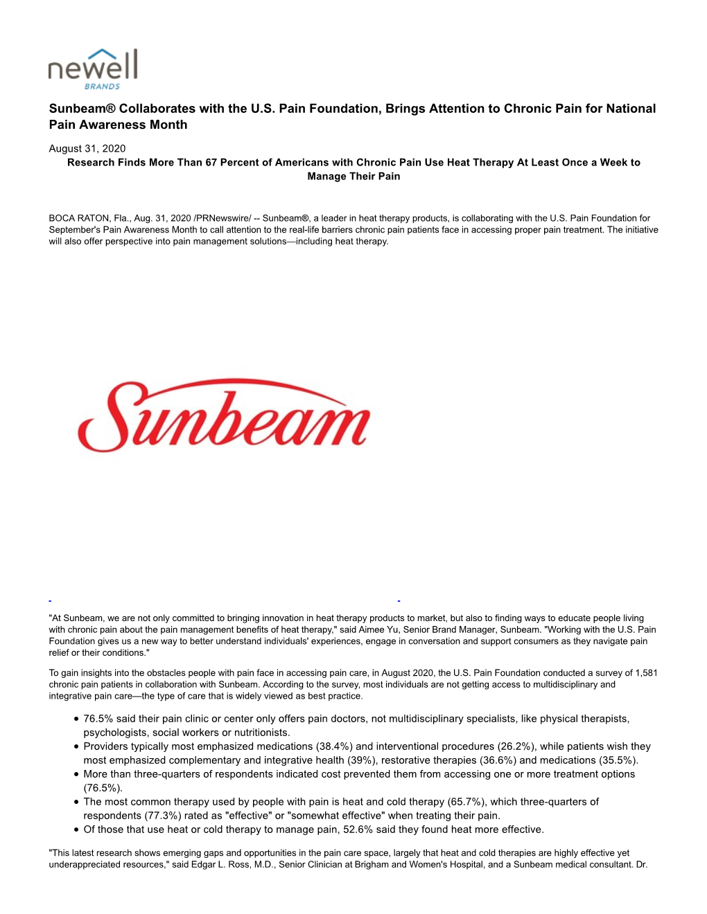 Sunbeam® Collaborates with the U.S. Pain Foundation, Brings Attention to Chronic Pain for National Pain Awareness Month
