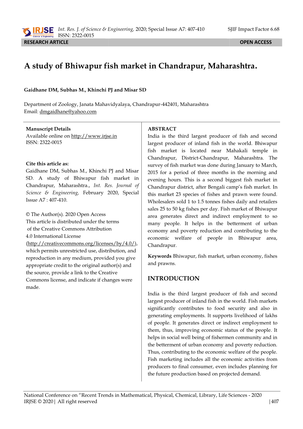 A Study of Bhiwapur Fish Market in Chandrapur, Maharashtra