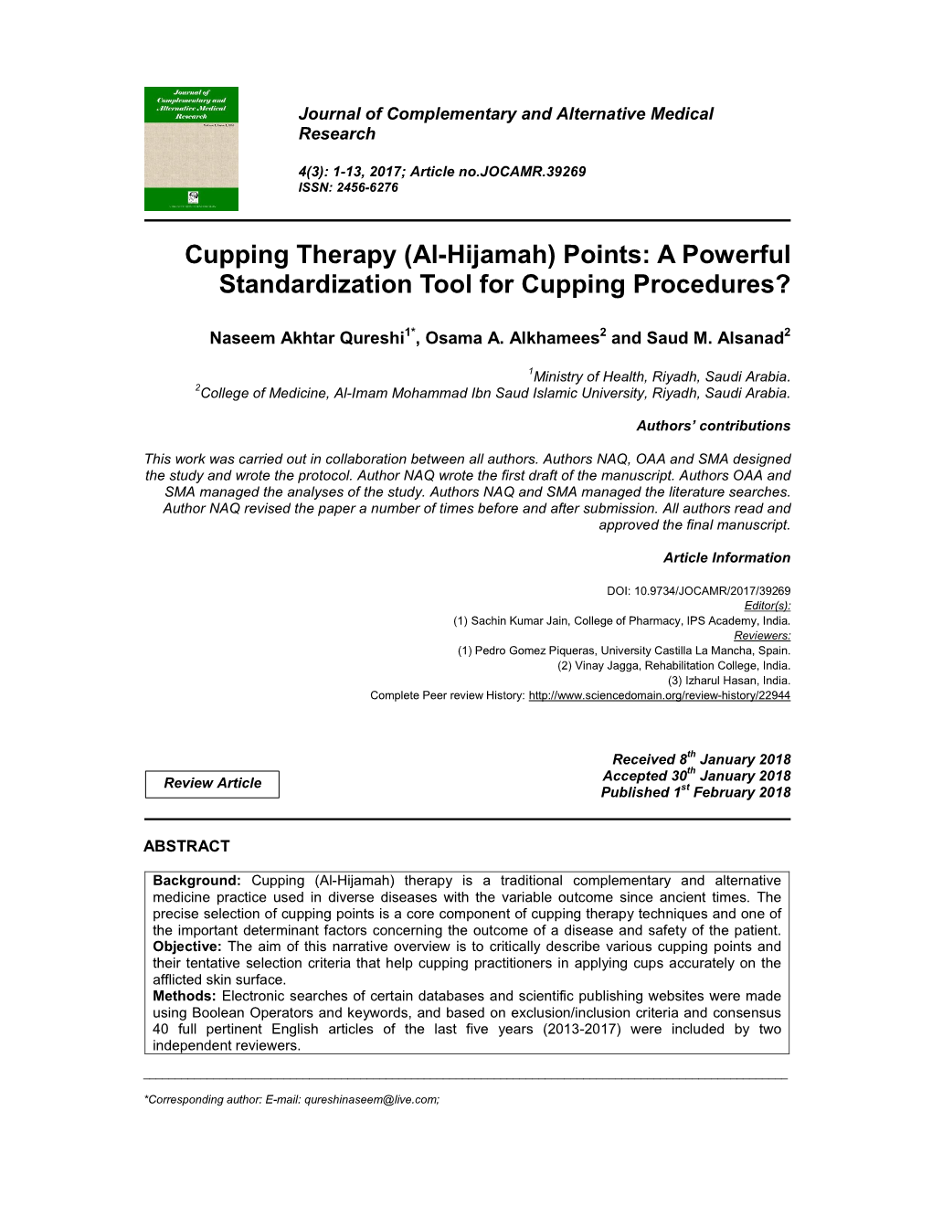 Cupping Therapy (Al-Hijamah) Points: a Powerful Standardization Tool for Cupping Procedures?