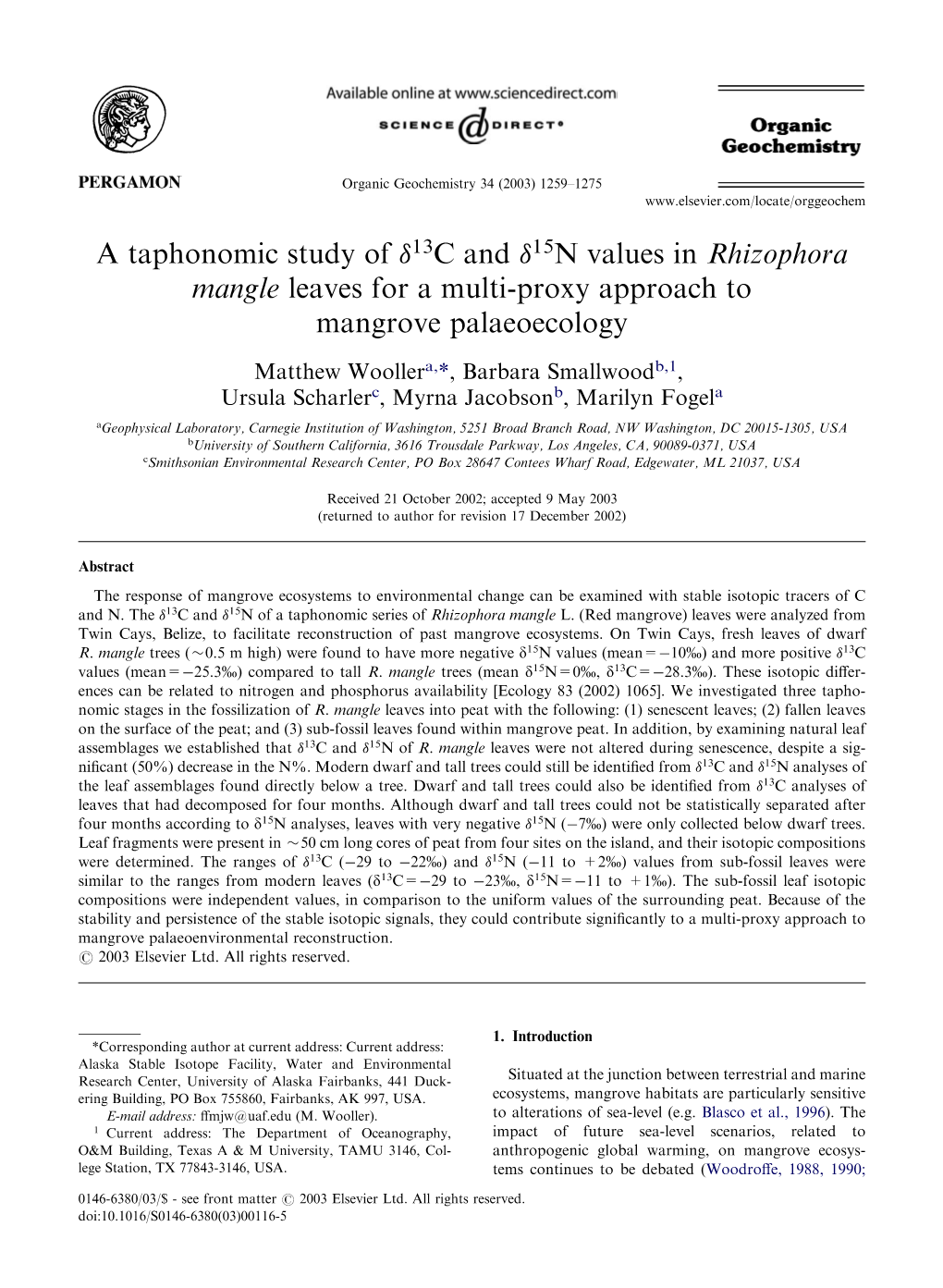 A Taphonomic Study of 13C and 15N Values in Rhizophora Mangle