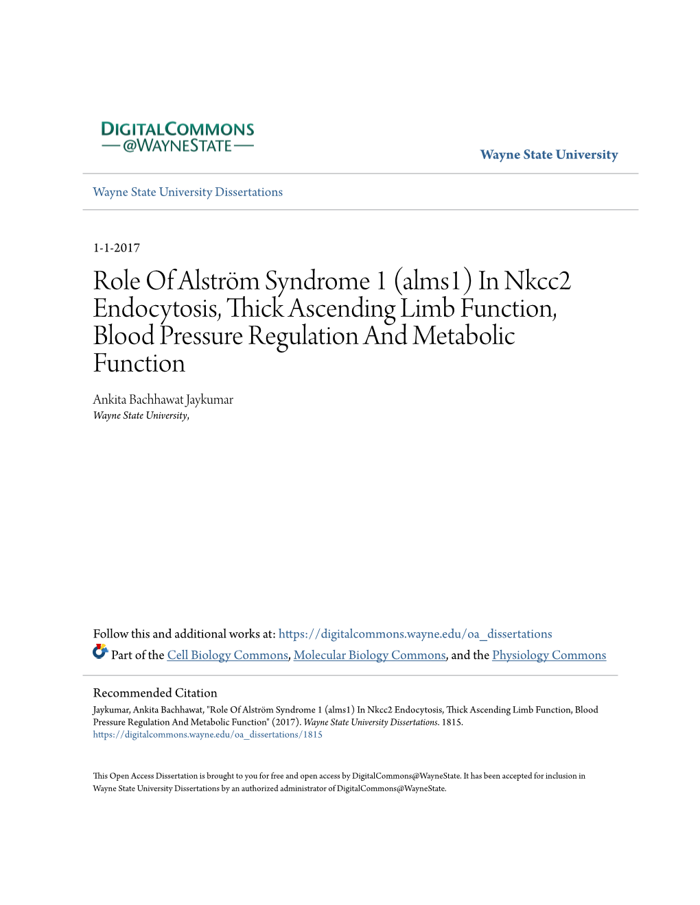 Role of Alström Syndrome 1 (Alms1) in Nkcc2 Endocytosis, Thick Ascending Limb Function, Blood Pressure Regulation and Metabolic
