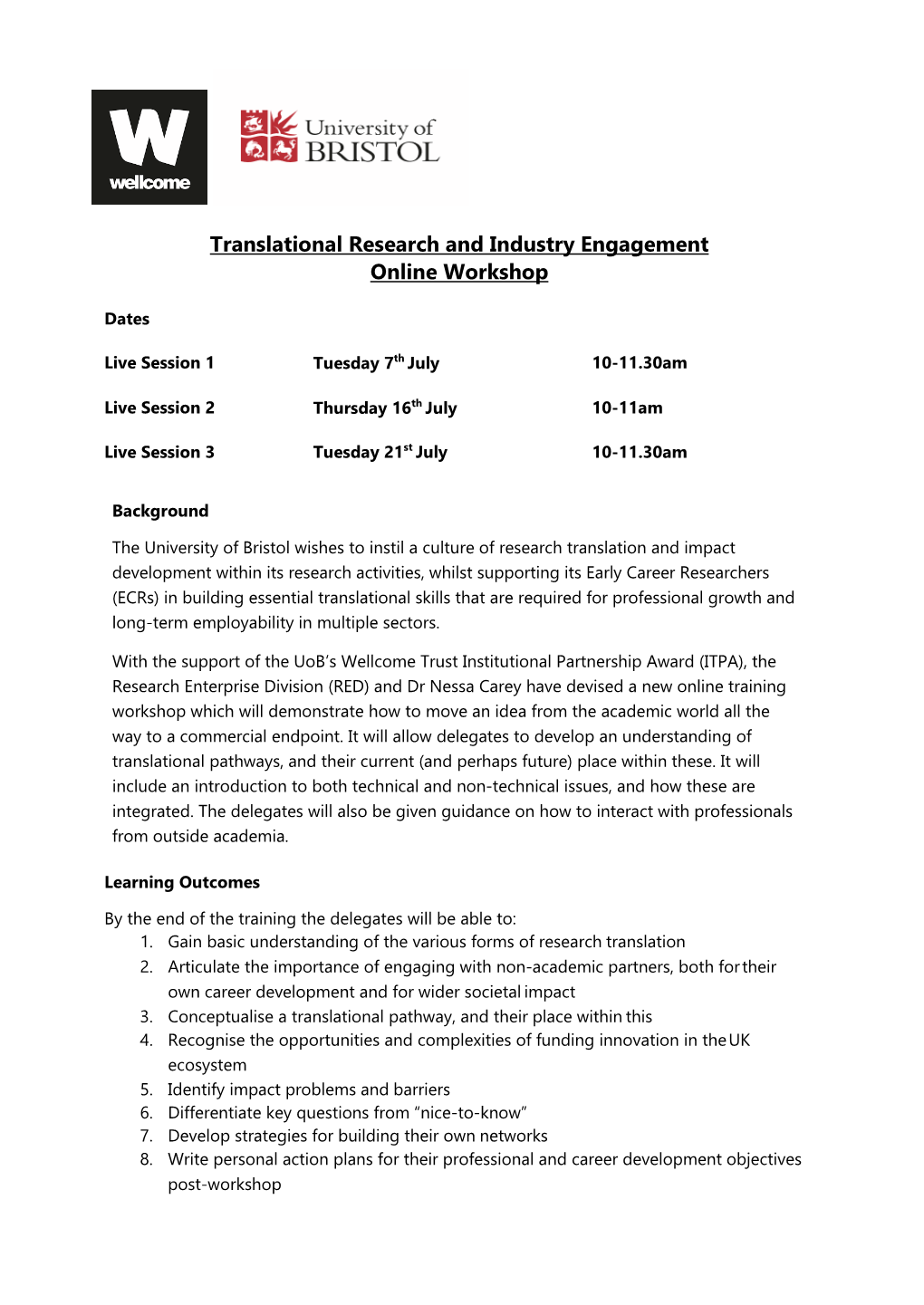 Translational Research and Industry Engagement Online Workshop