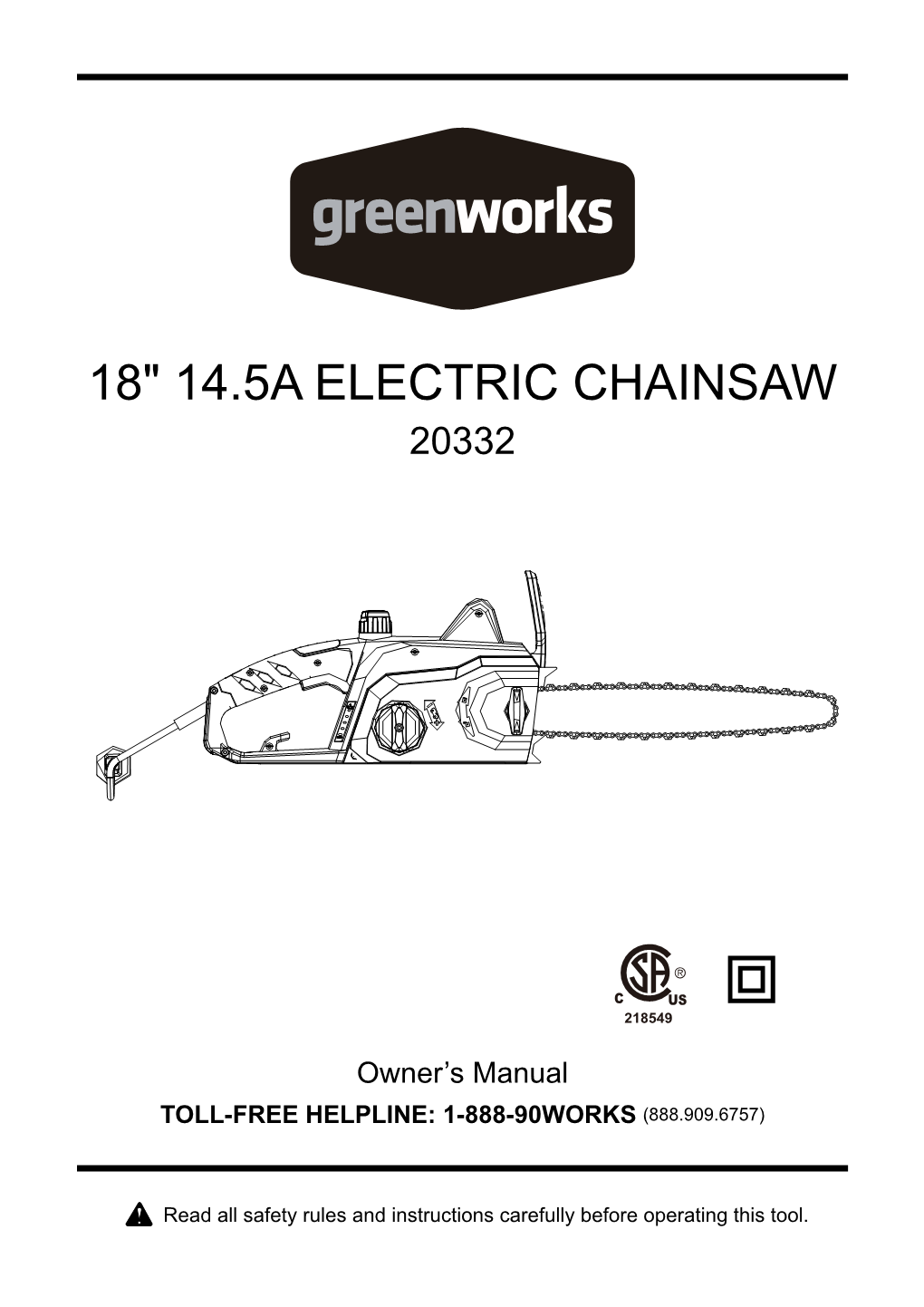 18" 14.5A Electric Chainsaw 20332