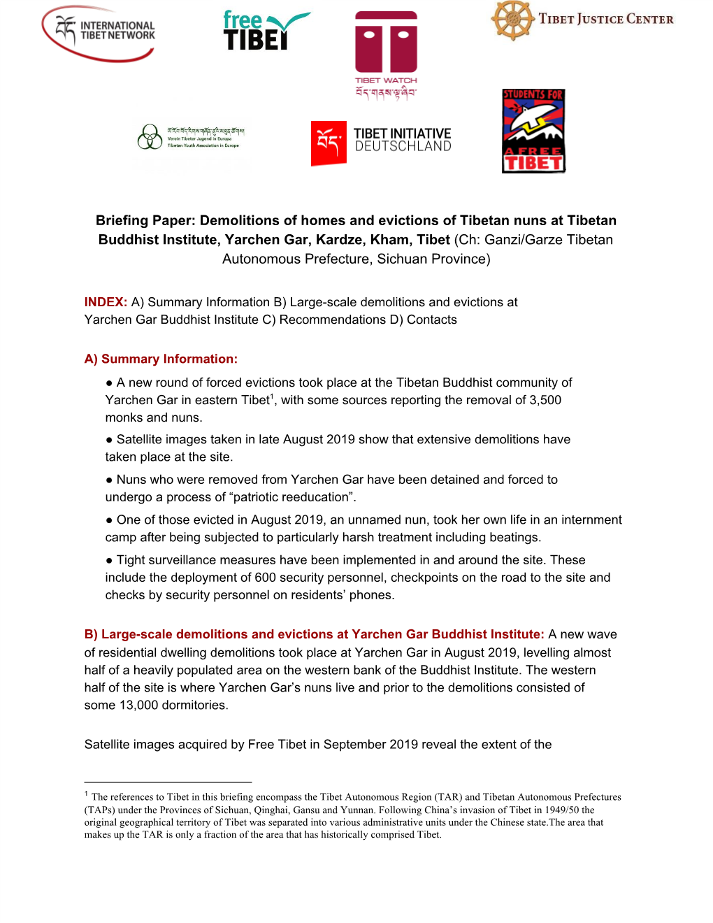Briefing Paper: Demolitions of Homes and Evictions of Tibetan Nuns At