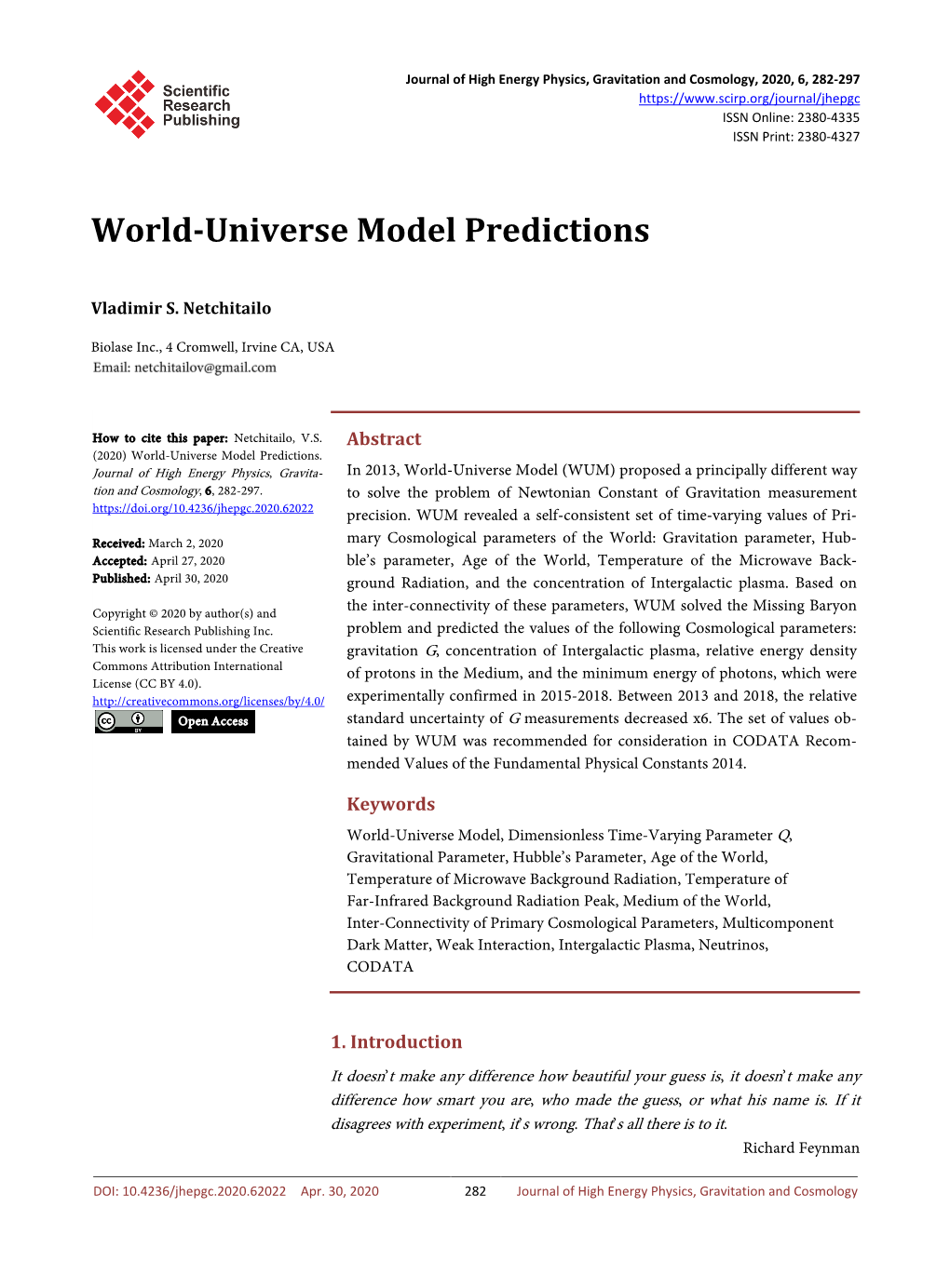 World-Universe Model Predictions