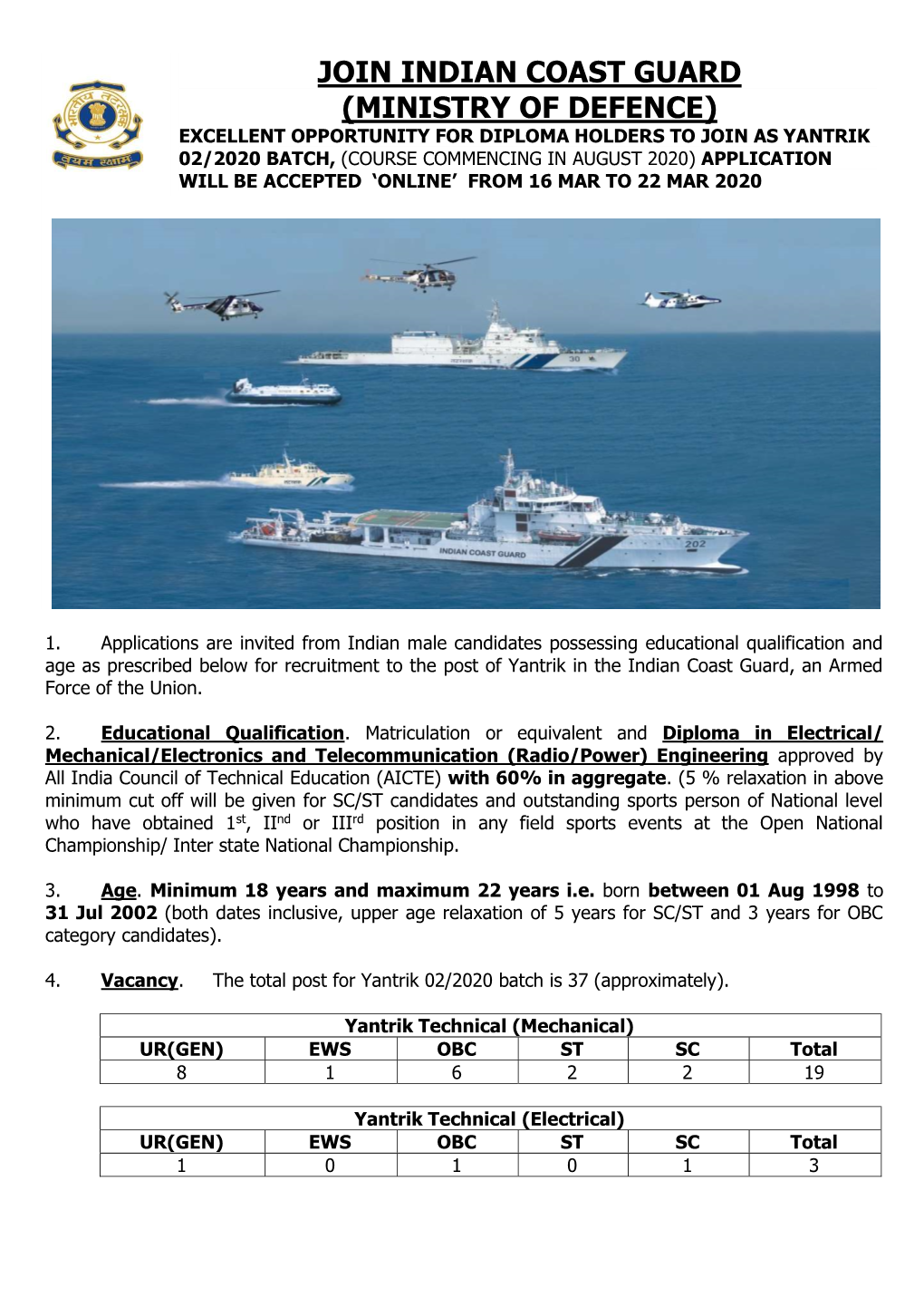 Join Indian Coast Guard (Ministry of Defence)