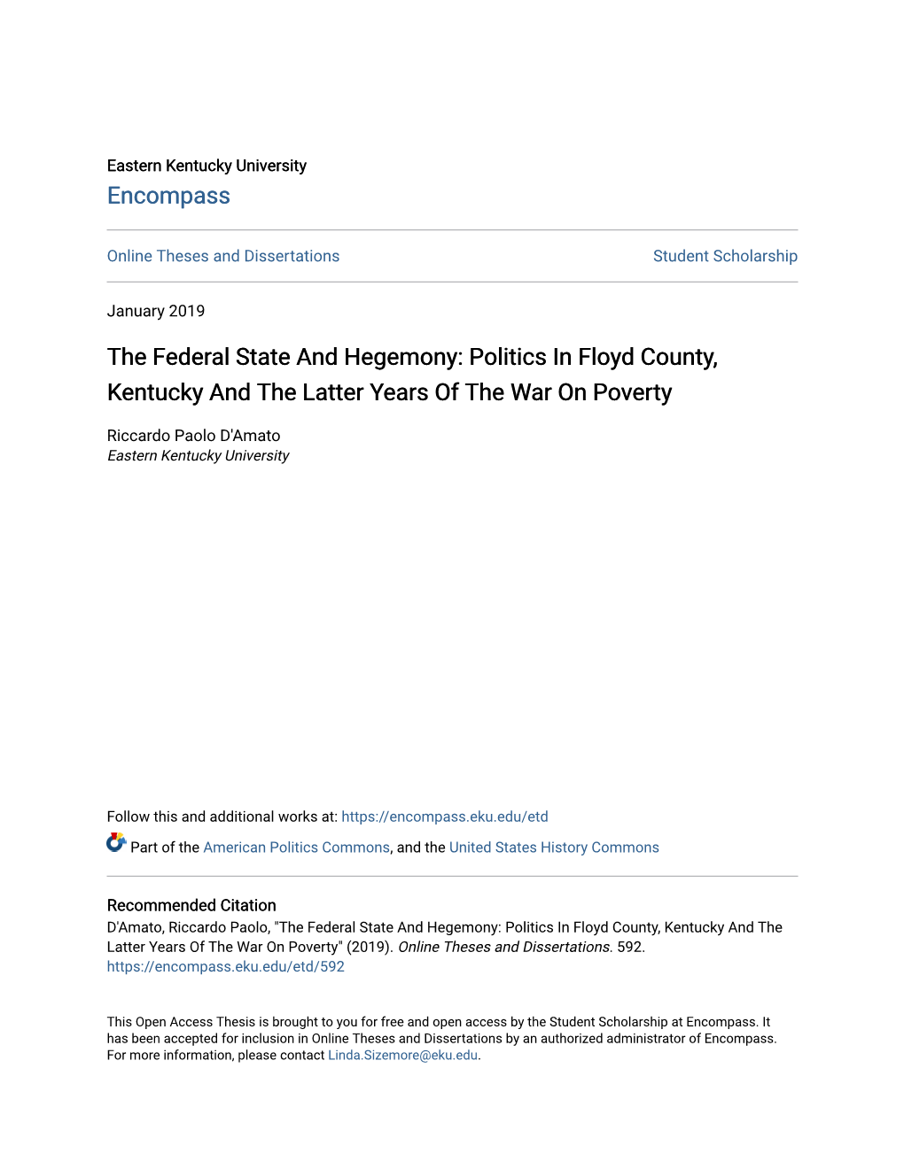 The Federal State and Hegemony: Politics in Floyd County, Kentucky and the Latter Years of the War on Poverty