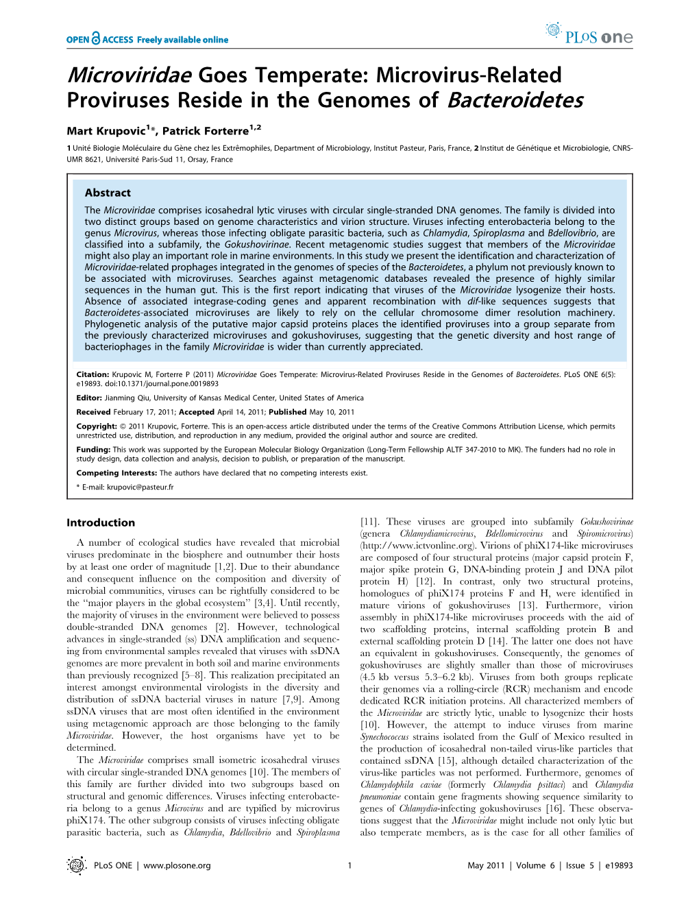 Microviridae Goes Temperate: Microvirus-Related Proviruses Reside in the Genomes of Bacteroidetes