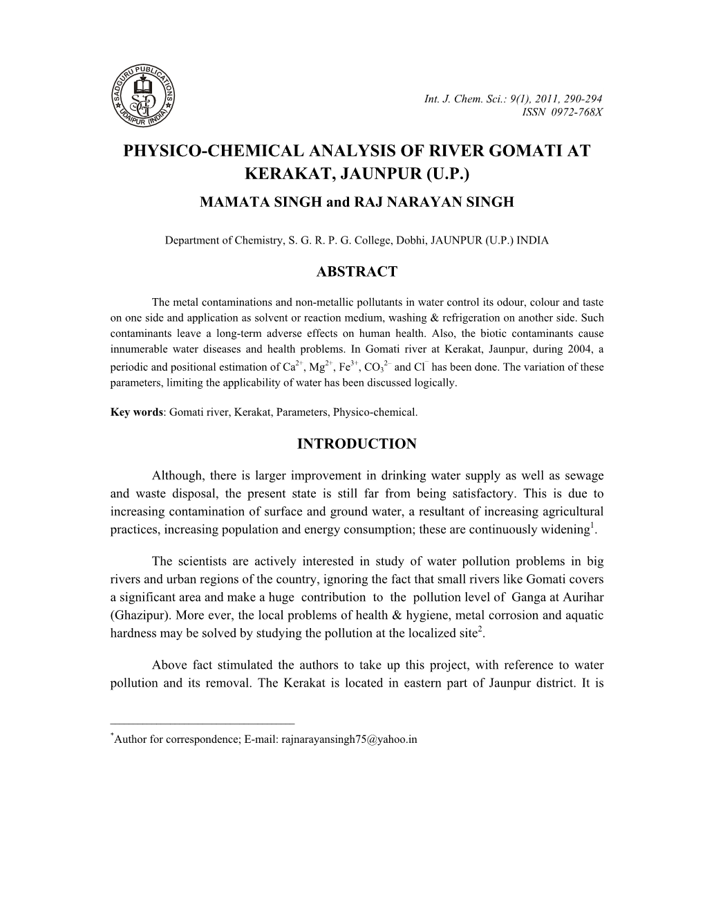 PHYSICO-CHEMICAL ANALYSIS of RIVER GOMATI at KERAKAT, JAUNPUR (U.P.) MAMATA SINGH and RAJ NARAYAN SINGH