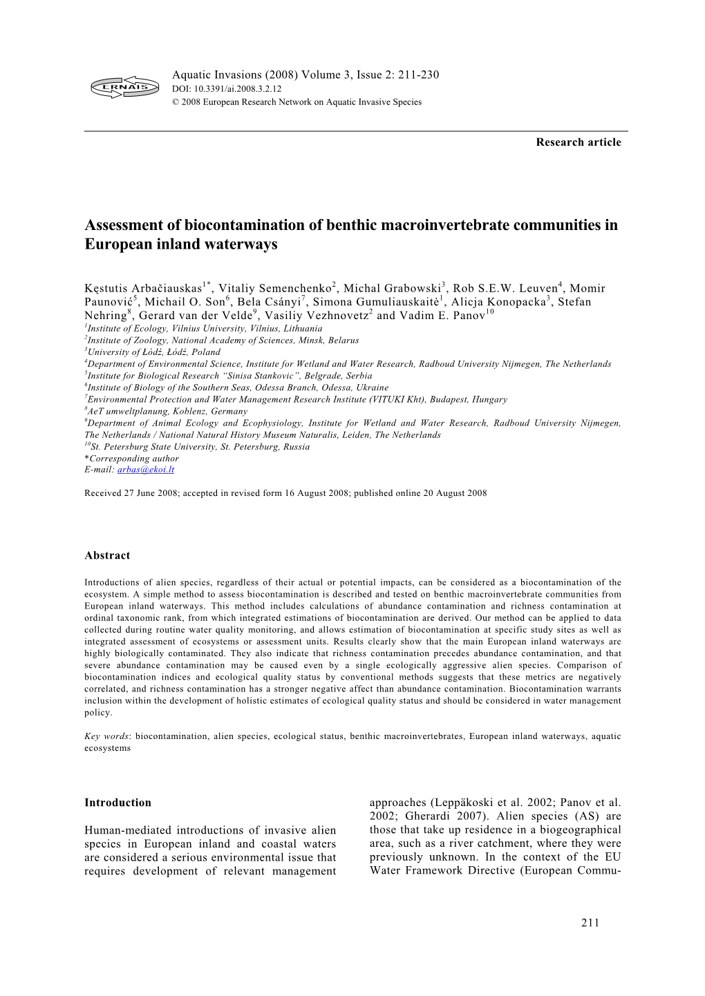 Assessment of Biocontamination of Benthic Macroinvertebrate Communities in European Inland Waterways