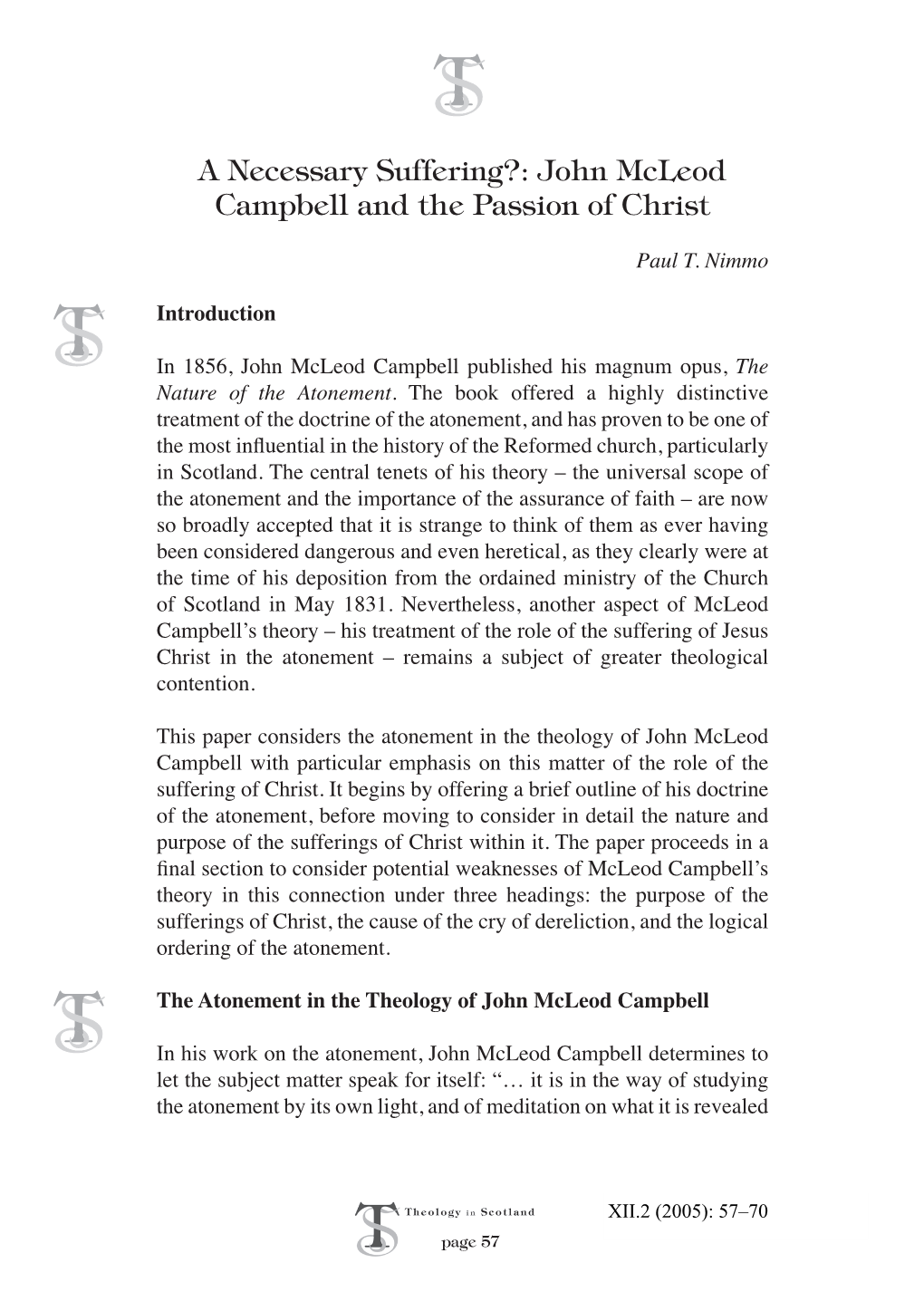 A Necessary Suffering?: John Mcleod Campbell and the Passion of Christ