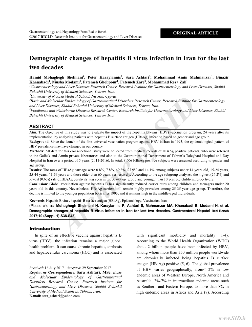 Demographic Changes of Hepatitis B Virus Infection in Iran for the Last Two Decades