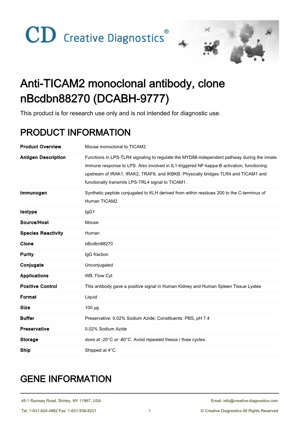 Anti-TICAM2 Monoclonal Antibody, Clone Nbcdbn88270 (DCABH-9777) This Product Is for Research Use Only and Is Not Intended for Diagnostic Use