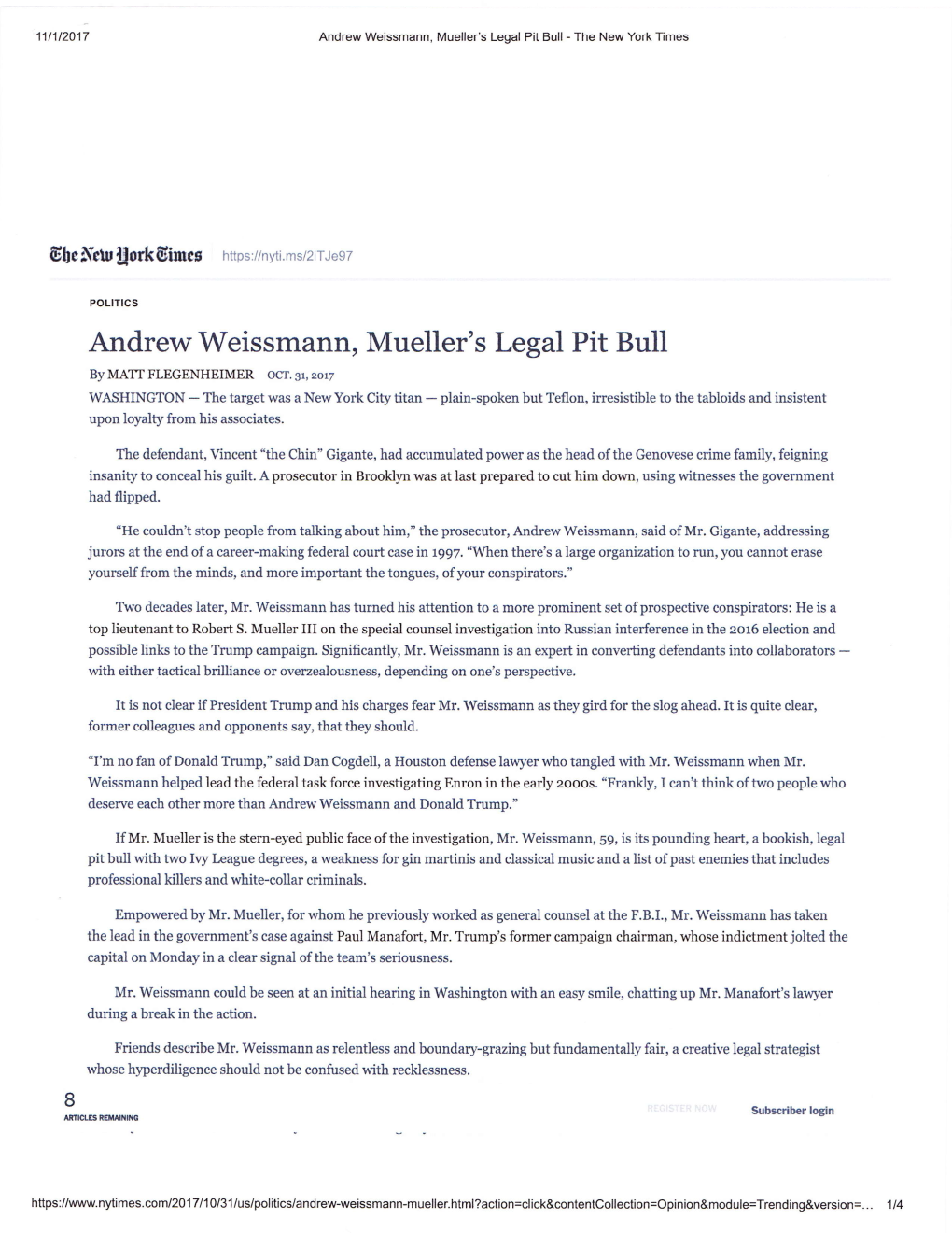 Andrew Weissmann, Mueller's Legal Pit Bull - the New York Llmes