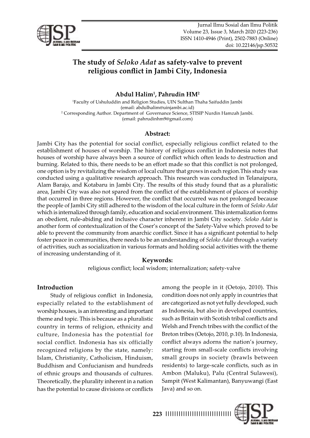 The Study of Seloko Adat As Safety-Valve to Prevent Religious Conflict in Jambi City, Indonesia
