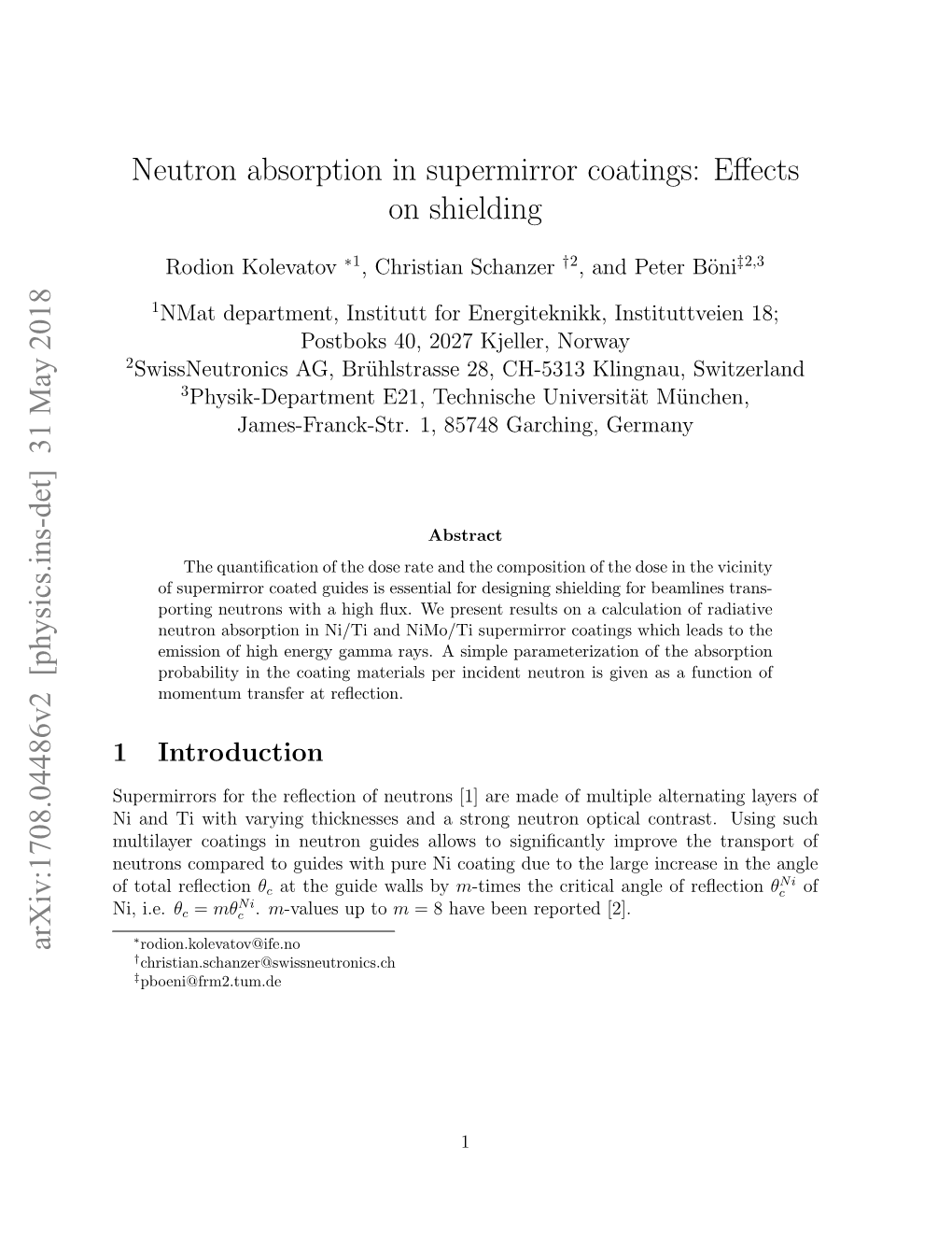 Neutron Absorption in Supermirror Coatings: Effects on Shielding Arxiv