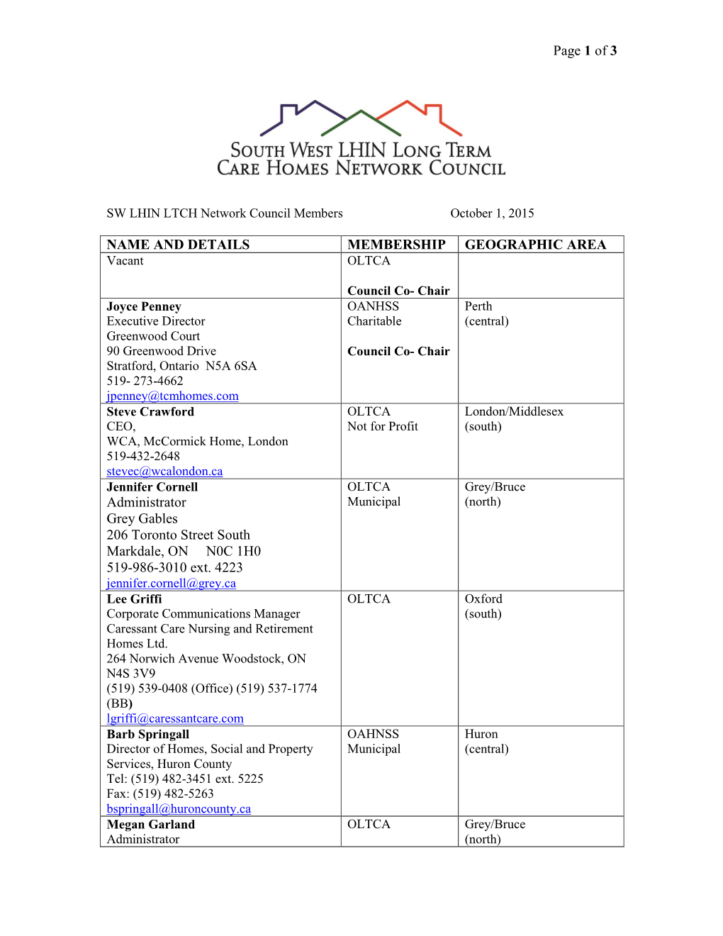 NAME and DETAILS MEMBERSHIP GEOGRAPHIC AREA Vacant OLTCA