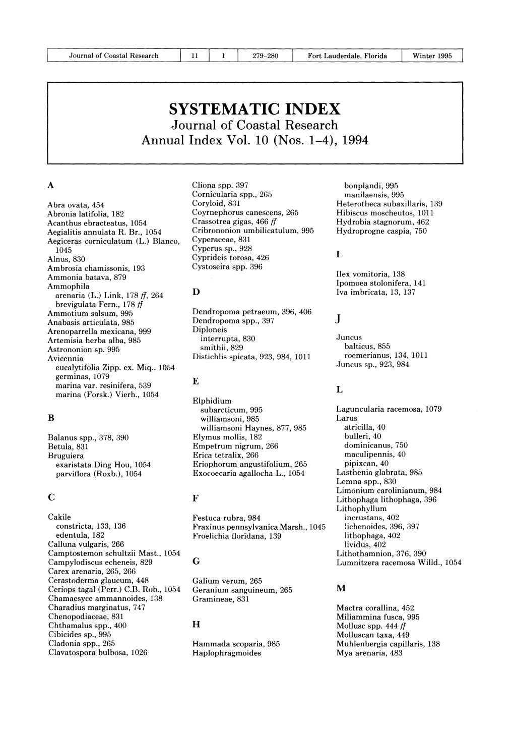 SYSTEMATIC INDEX Journal of Coastal Research Annual Index Vol