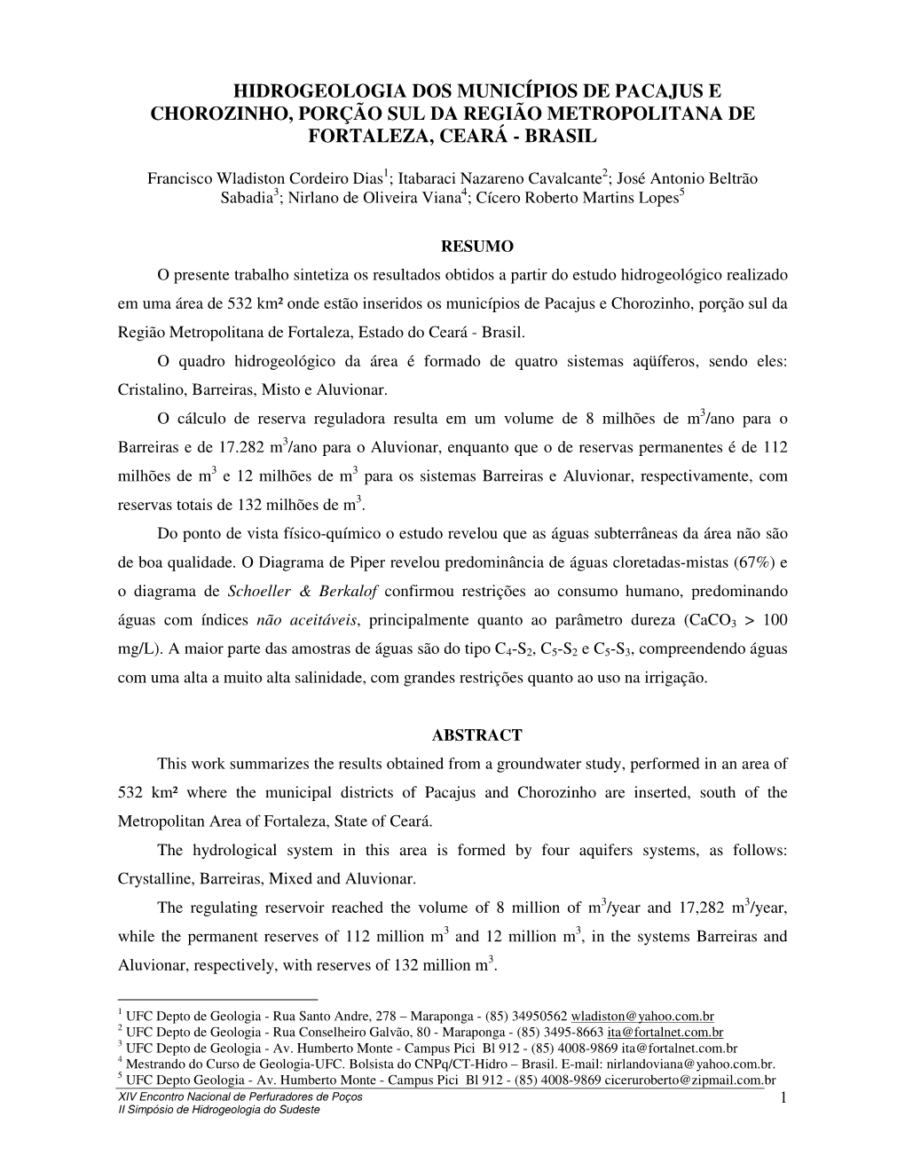 Hidrogeologia Dos Municípios De Pacajus E Chorozinho, Porção Sul Da Região Metropolitana De Fortaleza, Ceará - Brasil