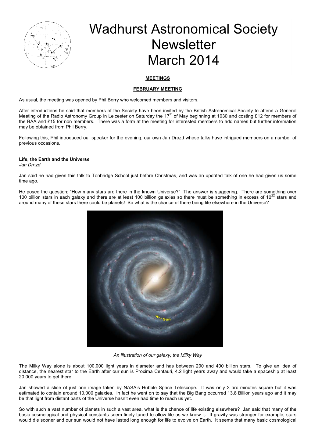 Wadhurst Astronomical Society Newsletter March 2014