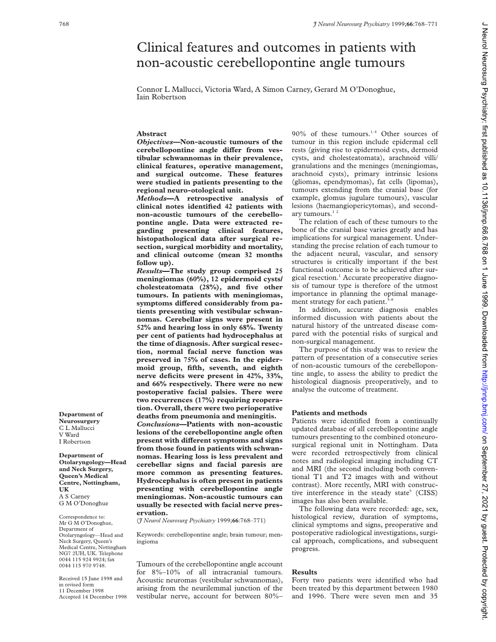 Clinical Features and Outcomes in Patients with Non-Acoustic Cerebellopontine Angle Tumours