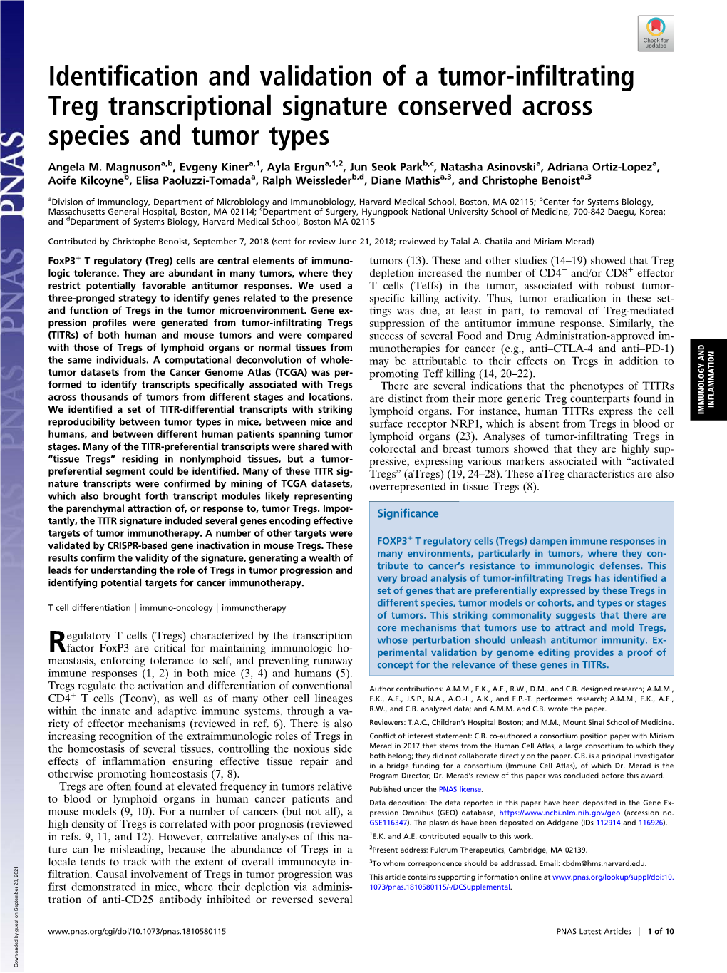 Identification and Validation of a Tumor-Infiltrating Treg Transcriptional Signature Conserved Across Species and Tumor Types