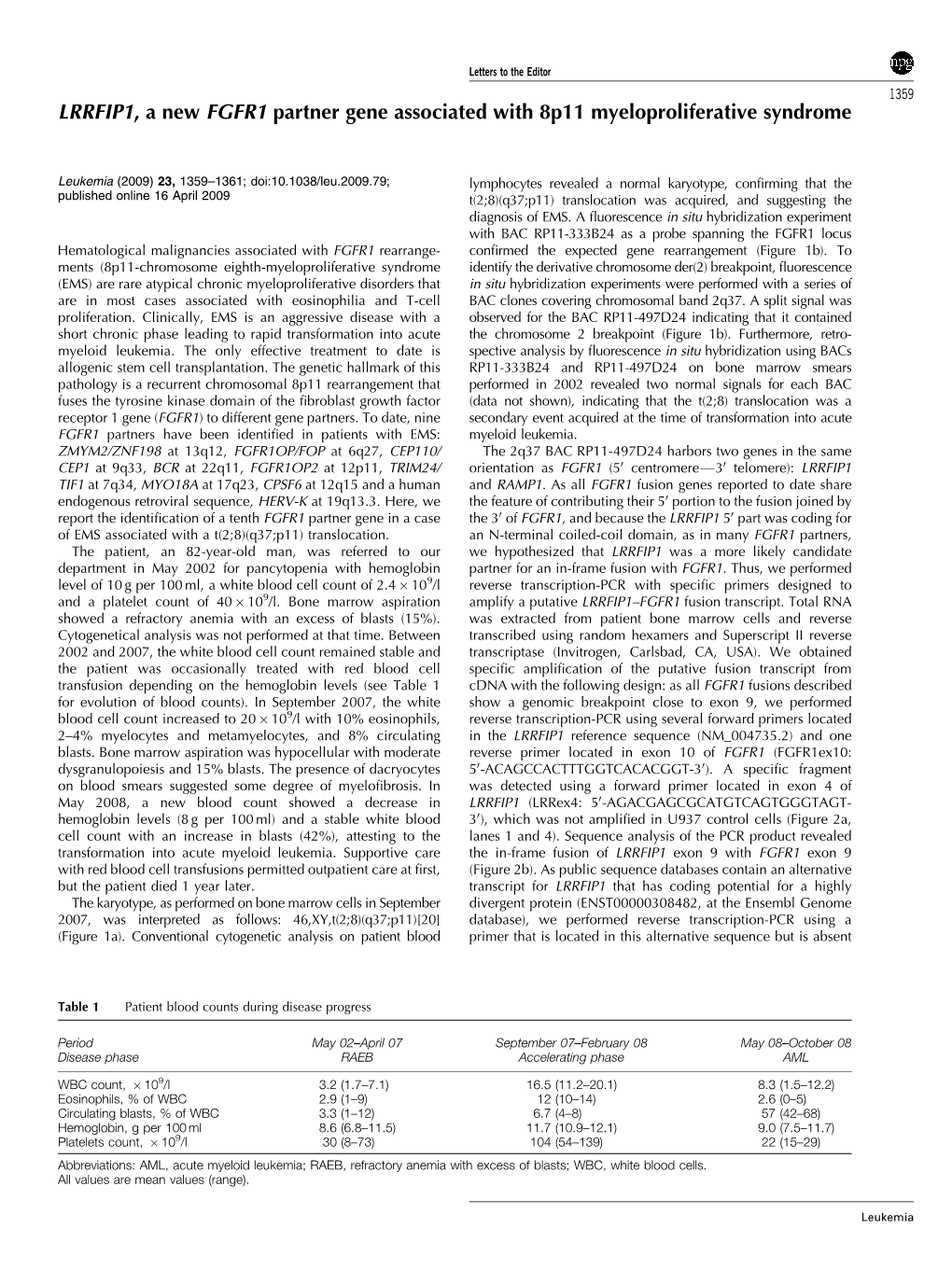 LRRFIP1, a New FGFR1 Partner Gene Associated with 8P11 Myeloproliferative Syndrome