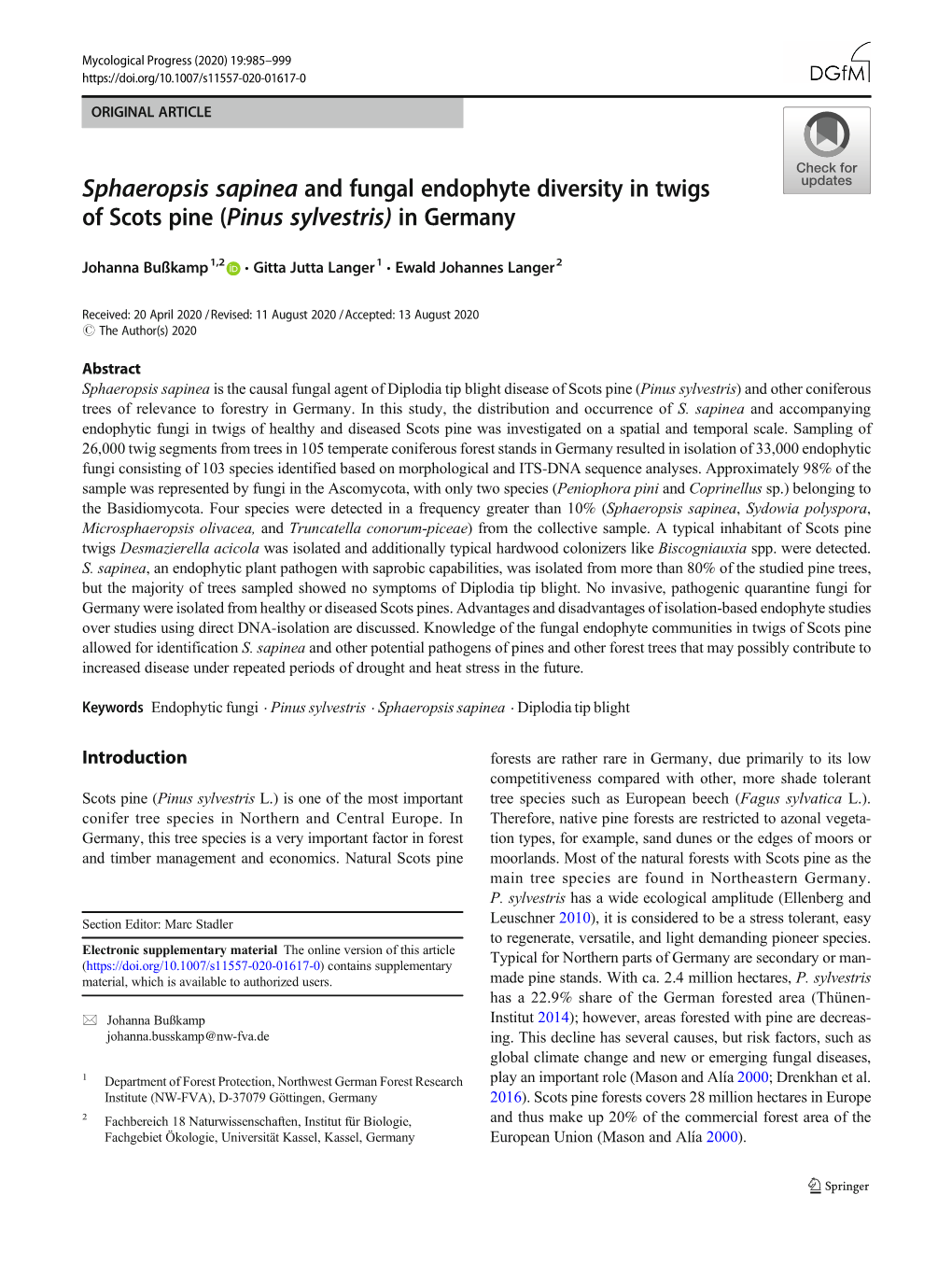 Sphaeropsis Sapinea and Fungal Endophyte Diversity in Twigs of Scots Pine (Pinus Sylvestris) in Germany