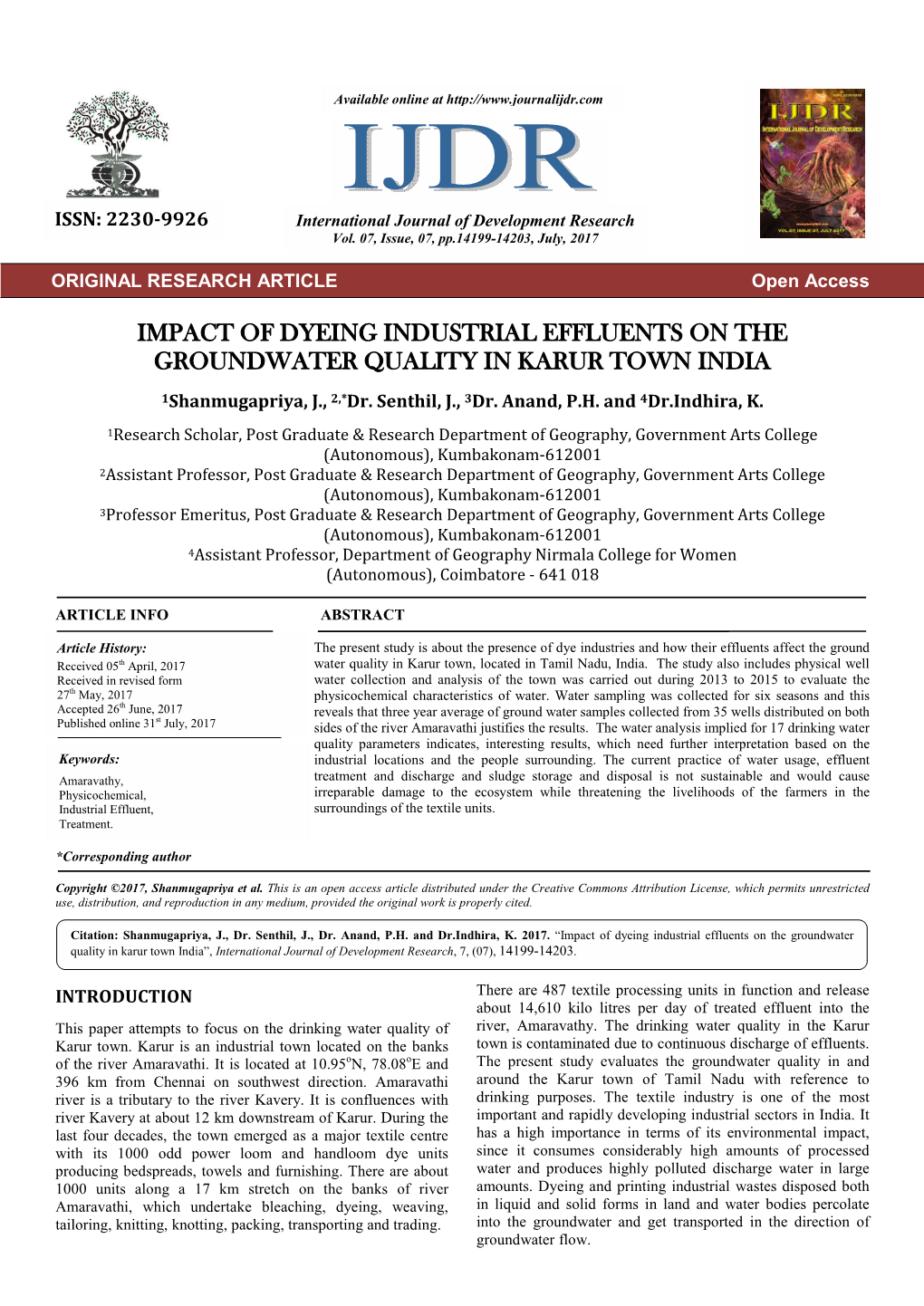 Impact of Dyeing Industrial Effluents on the Groundwater Quality in Karur Town India