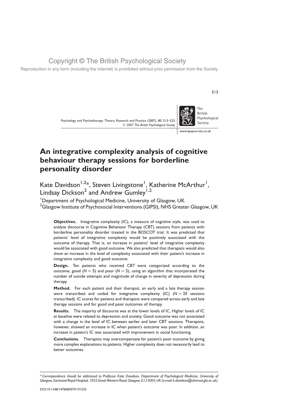 An Integrative Complexity Analysis of Cognitive Behaviour Therapy Sessions for Borderline Personality Disorder