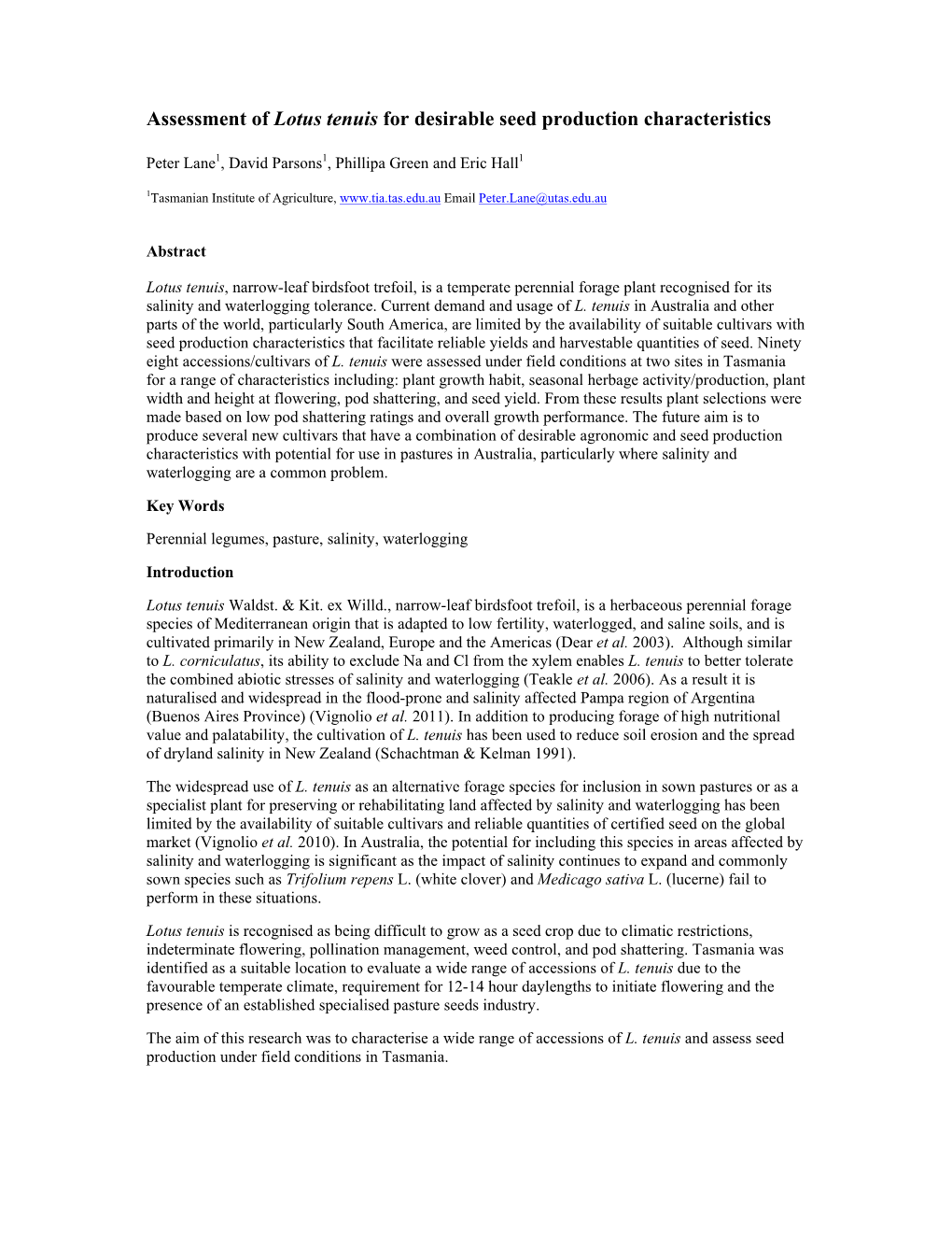 Assessment of Lotus Tenuis for Desirable Seed Production Characteristics