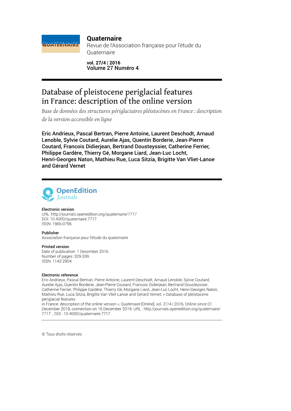 Database of Pleistocene Periglacial Featuresin France