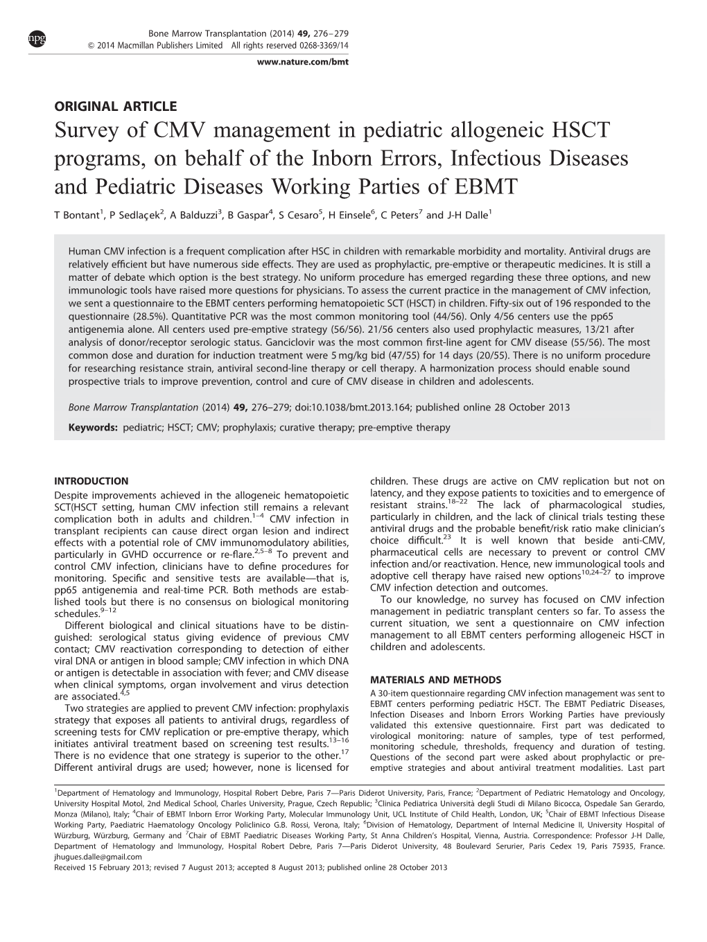 Survey of CMV Management in Pediatric Allogeneic HSCT Programs, on Behalf of the Inborn Errors, Infectious Diseases and Pediatric Diseases Working Parties of EBMT