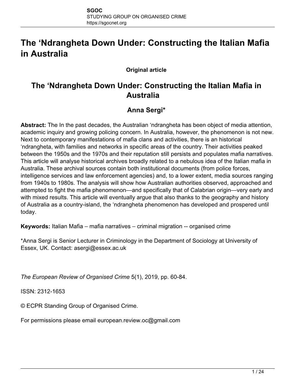 The 'Ndrangheta Down Under: Constructing the Italian Mafia In